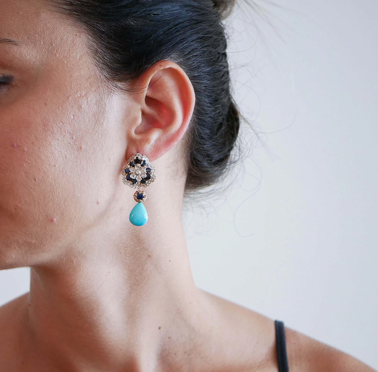 Pair of rose gold & silver earrings with sapphires and diamonds, 1970s 4