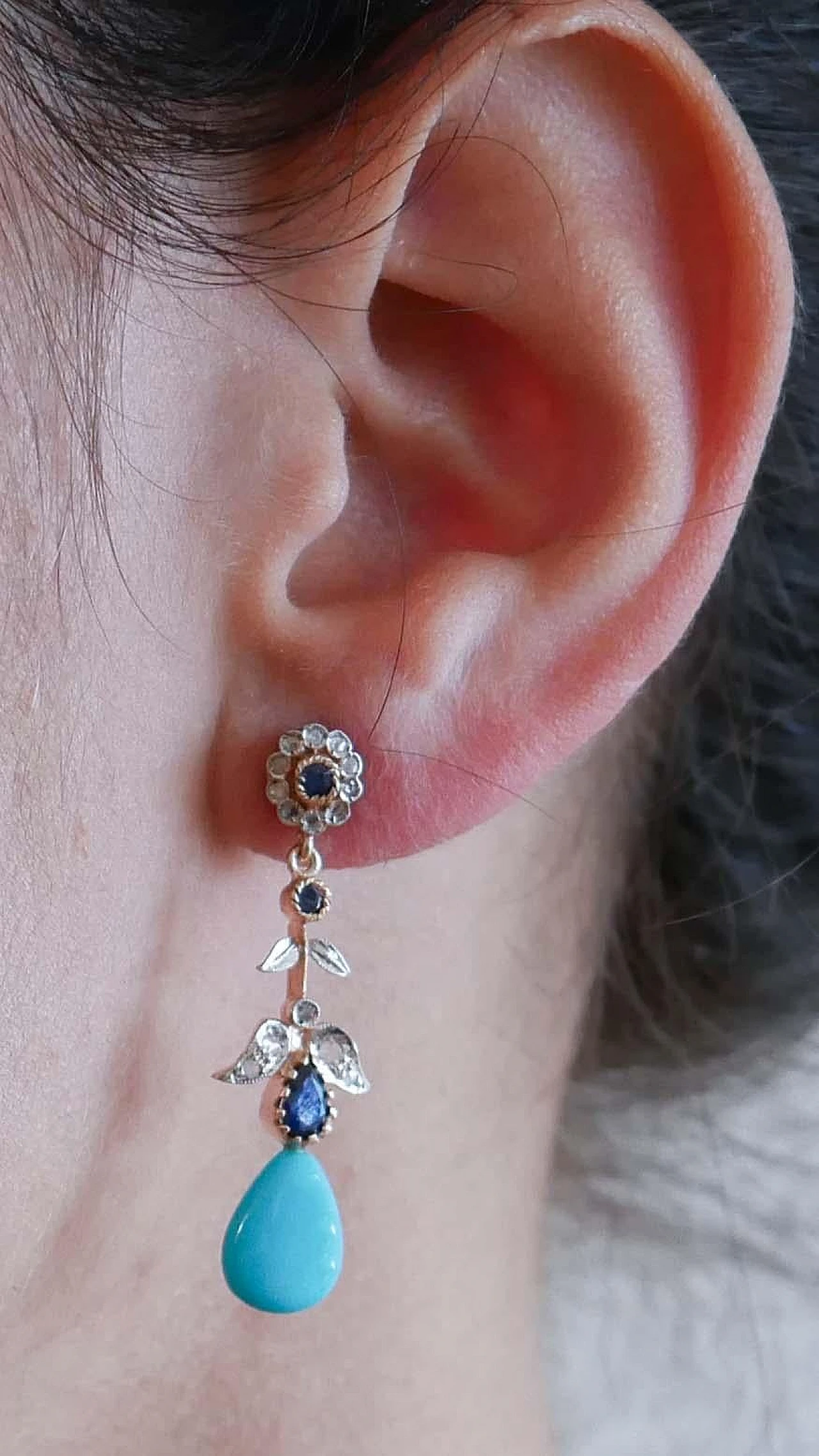 Pair of rose gold & silver earrings with turquoise and sapphires 5
