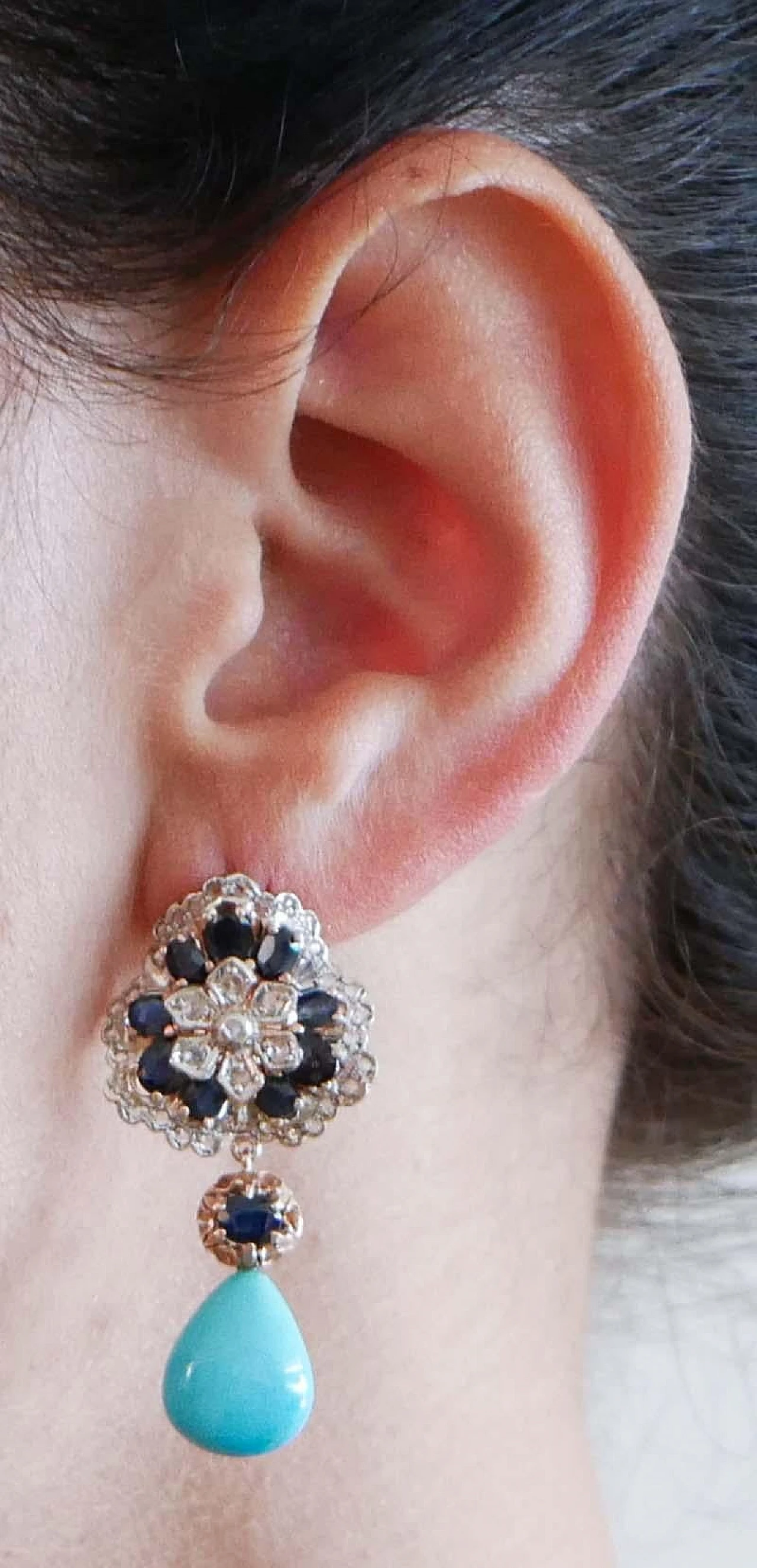 Pair of rose gold & silver earrings with sapphires and diamonds, 1970s 5