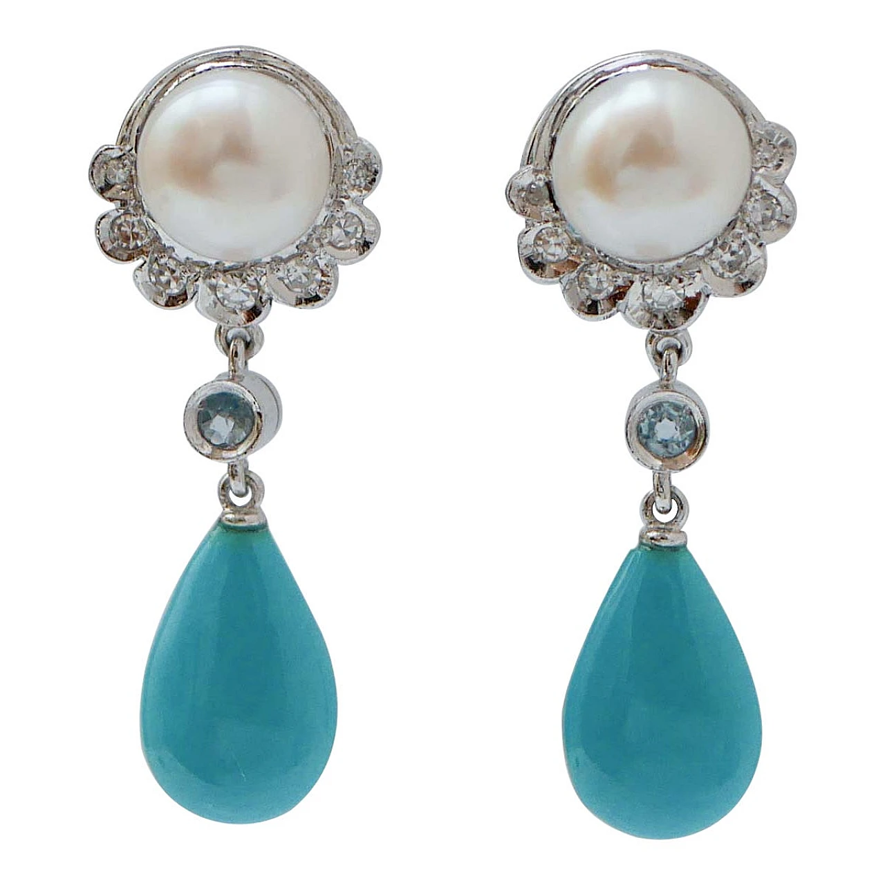 Coppia di Orecchini in platino con turchesi, perle, topazi e diamanti 1