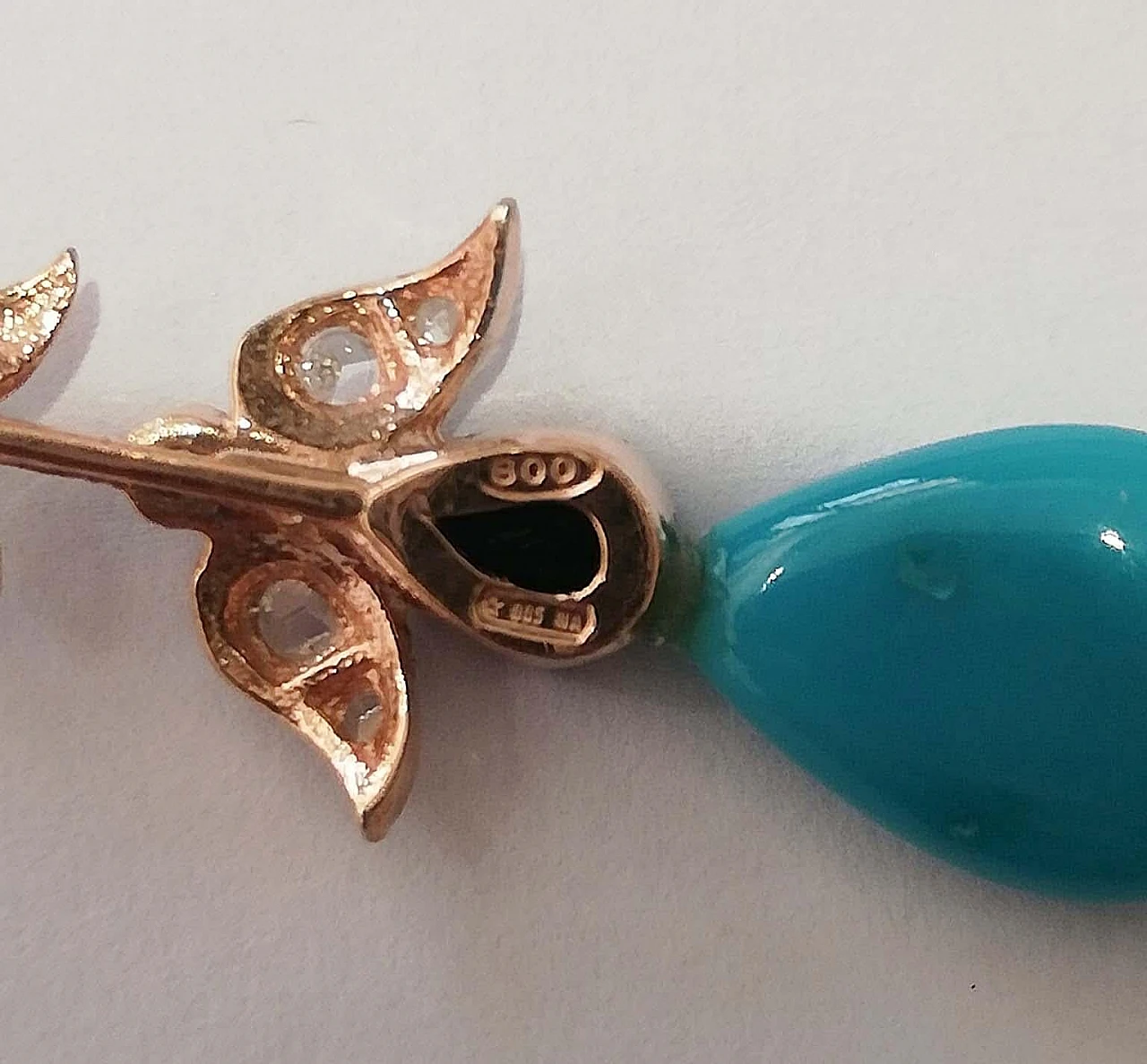 Pair of rose gold & silver earrings with turquoise and sapphires 6