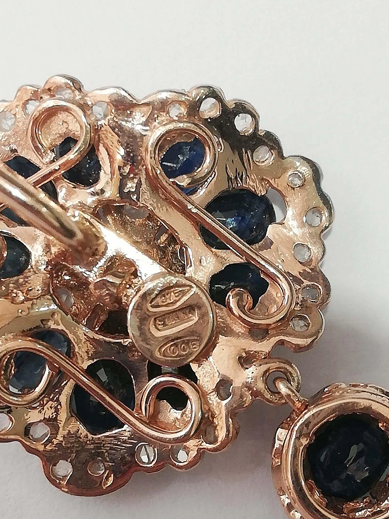 Pair of rose gold & silver earrings with sapphires and diamonds, 1970s 6