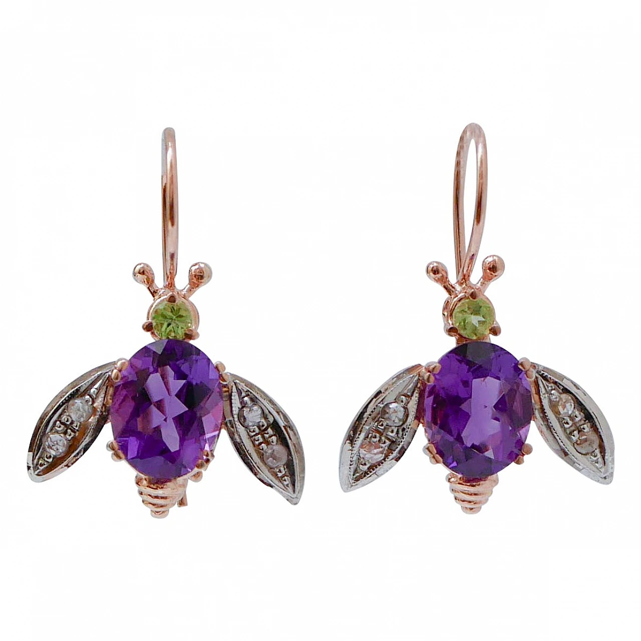 Coppia di Orecchini a mosca in oro rosa e argento con ametiste 1