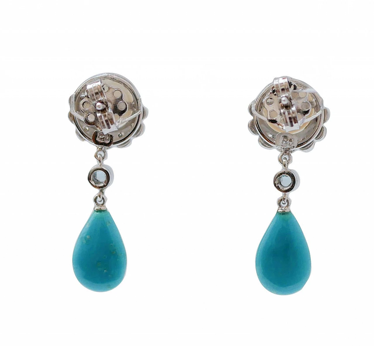 Coppia di Orecchini in platino con turchesi, perle, topazi e diamanti 3