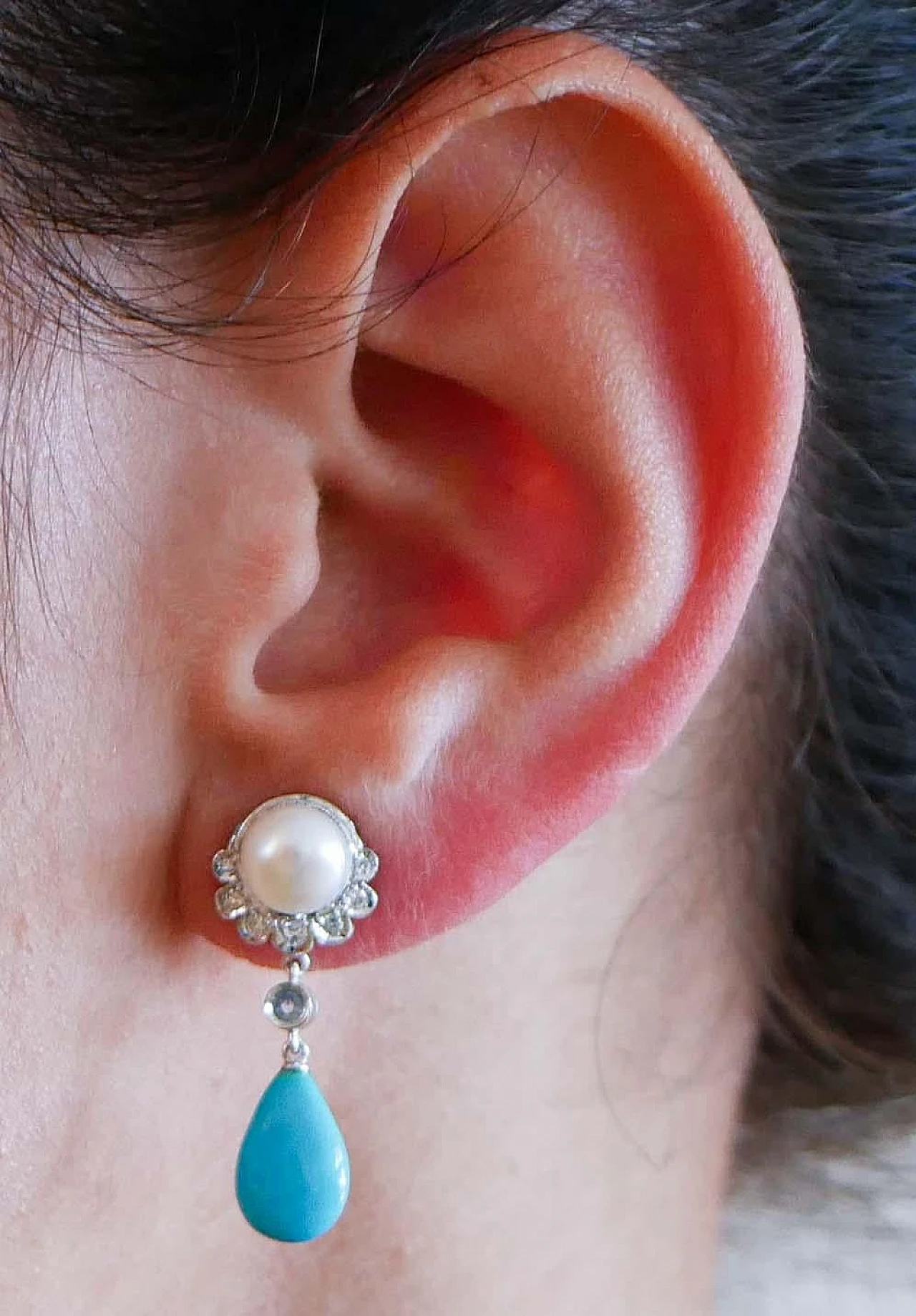 Coppia di Orecchini in platino con turchesi, perle, topazi e diamanti 4