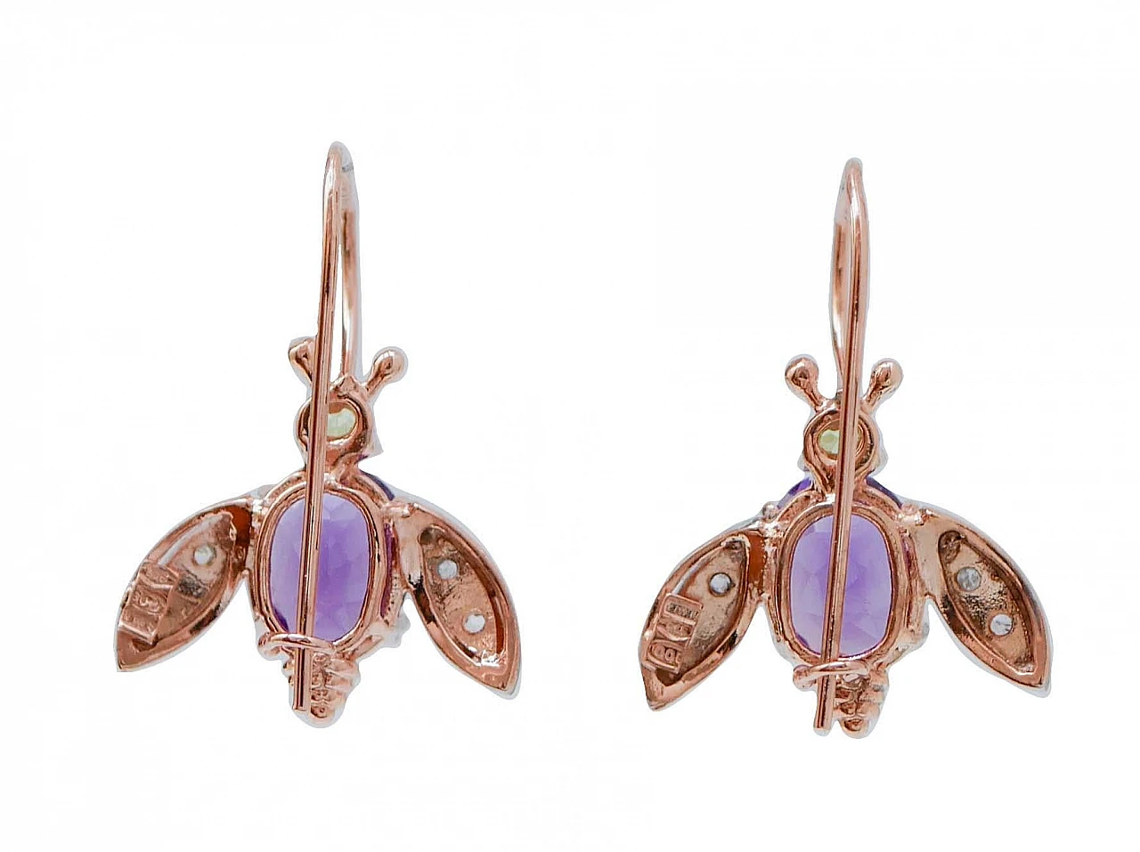Coppia di Orecchini a mosca in oro rosa e argento con ametiste 3