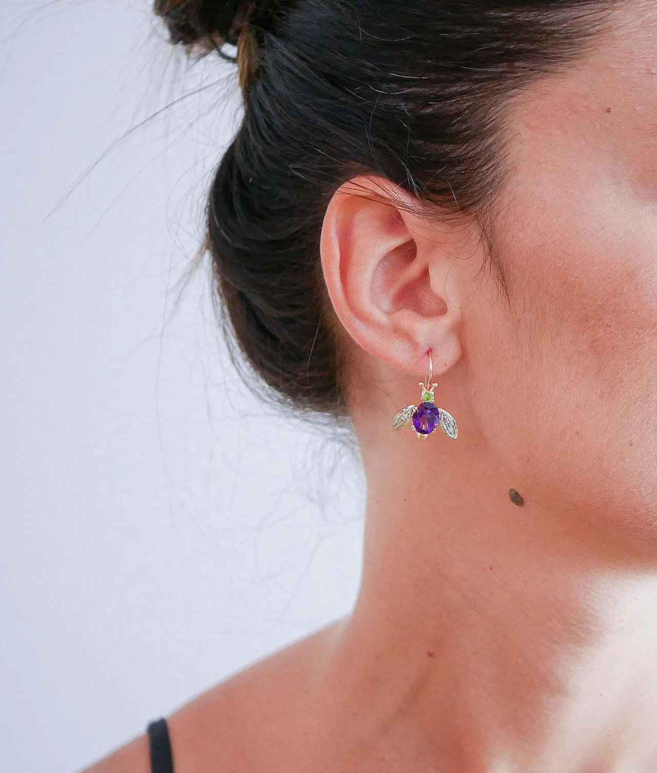 Coppia di Orecchini a mosca in oro rosa e argento con ametiste 4