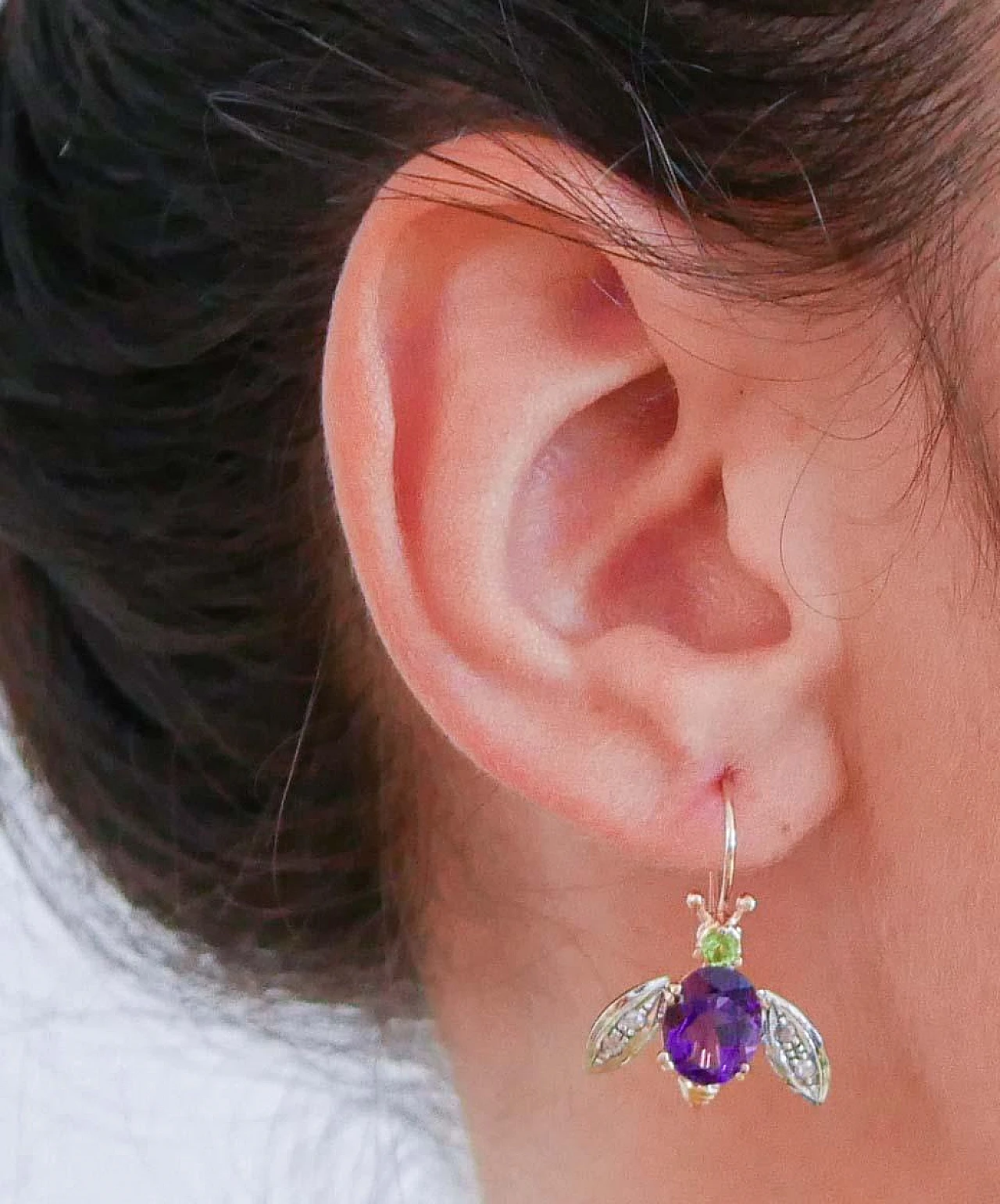 Coppia di Orecchini a mosca in oro rosa e argento con ametiste 5