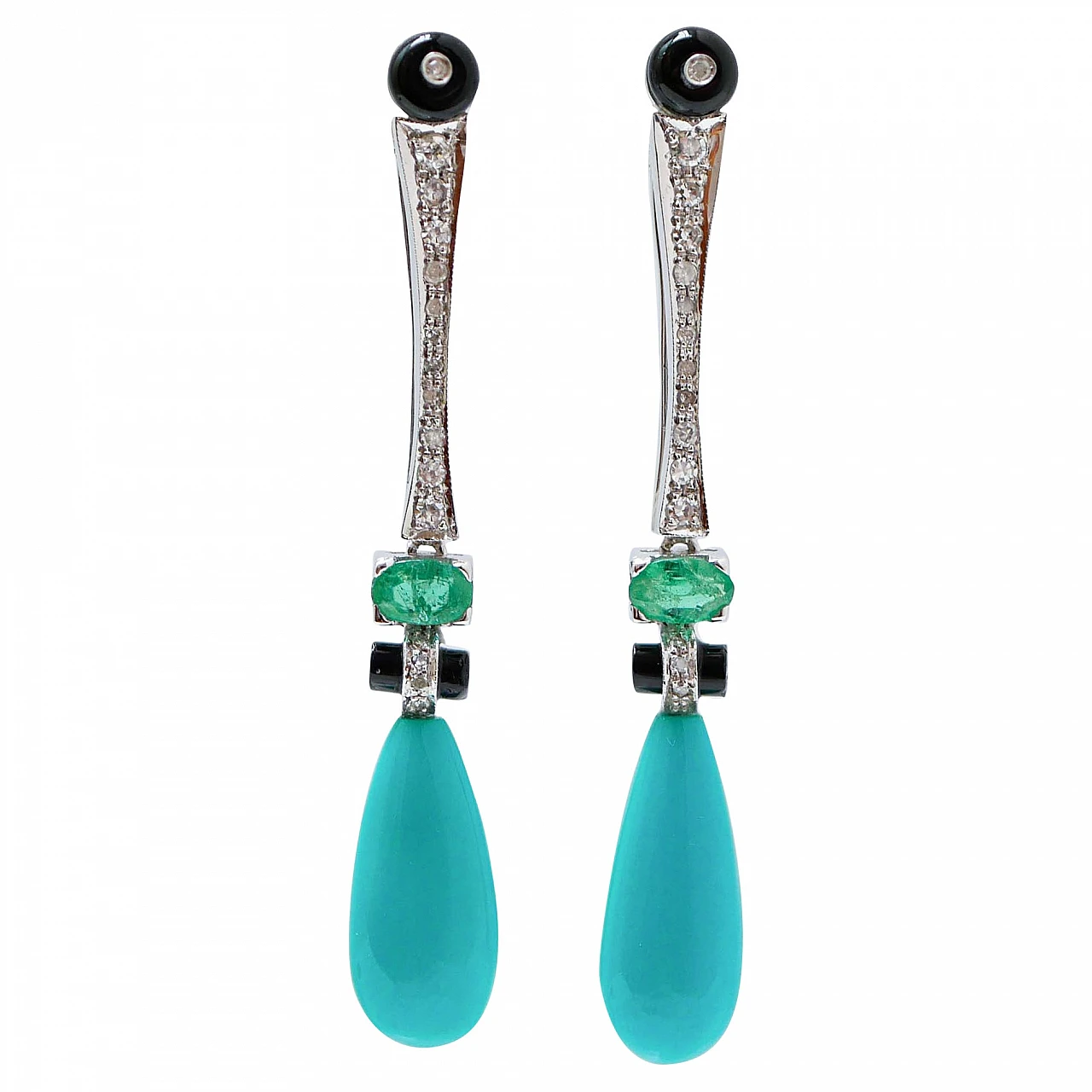 Coppia di Orecchini in platino, turchese, onice e diamanti, anni 2000 1