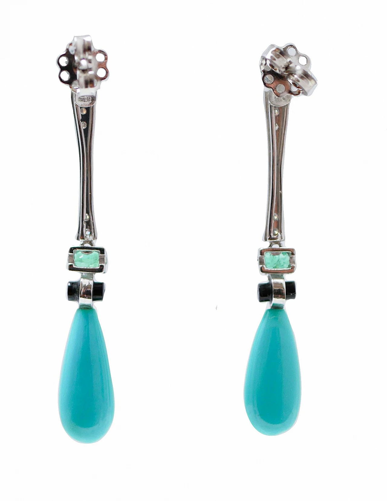 Coppia di Orecchini in platino, turchese, onice e diamanti, anni 2000 3
