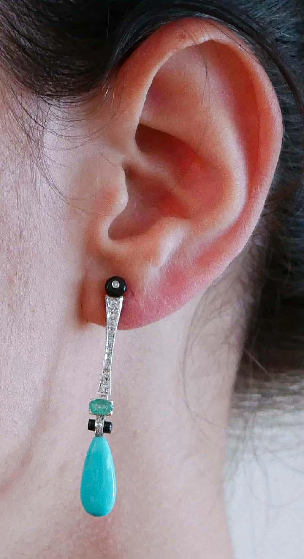 Coppia di Orecchini in platino, turchese, onice e diamanti, anni 2000 5