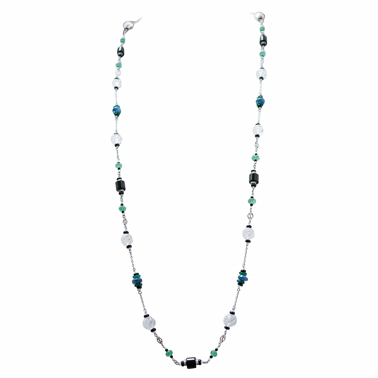 Collana in oro e platino con agata verde e nera, quarzo e kianite 1