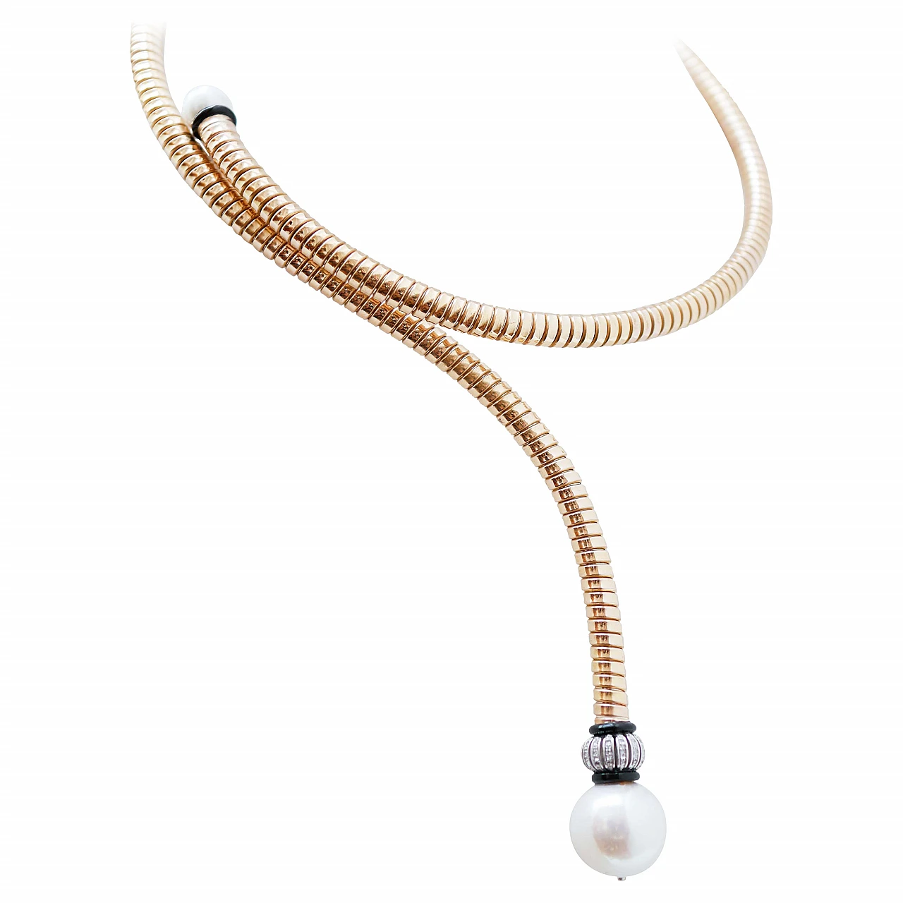 14 Karat rose gold necklace with pearls, diamonds & onyx, 1960s 1