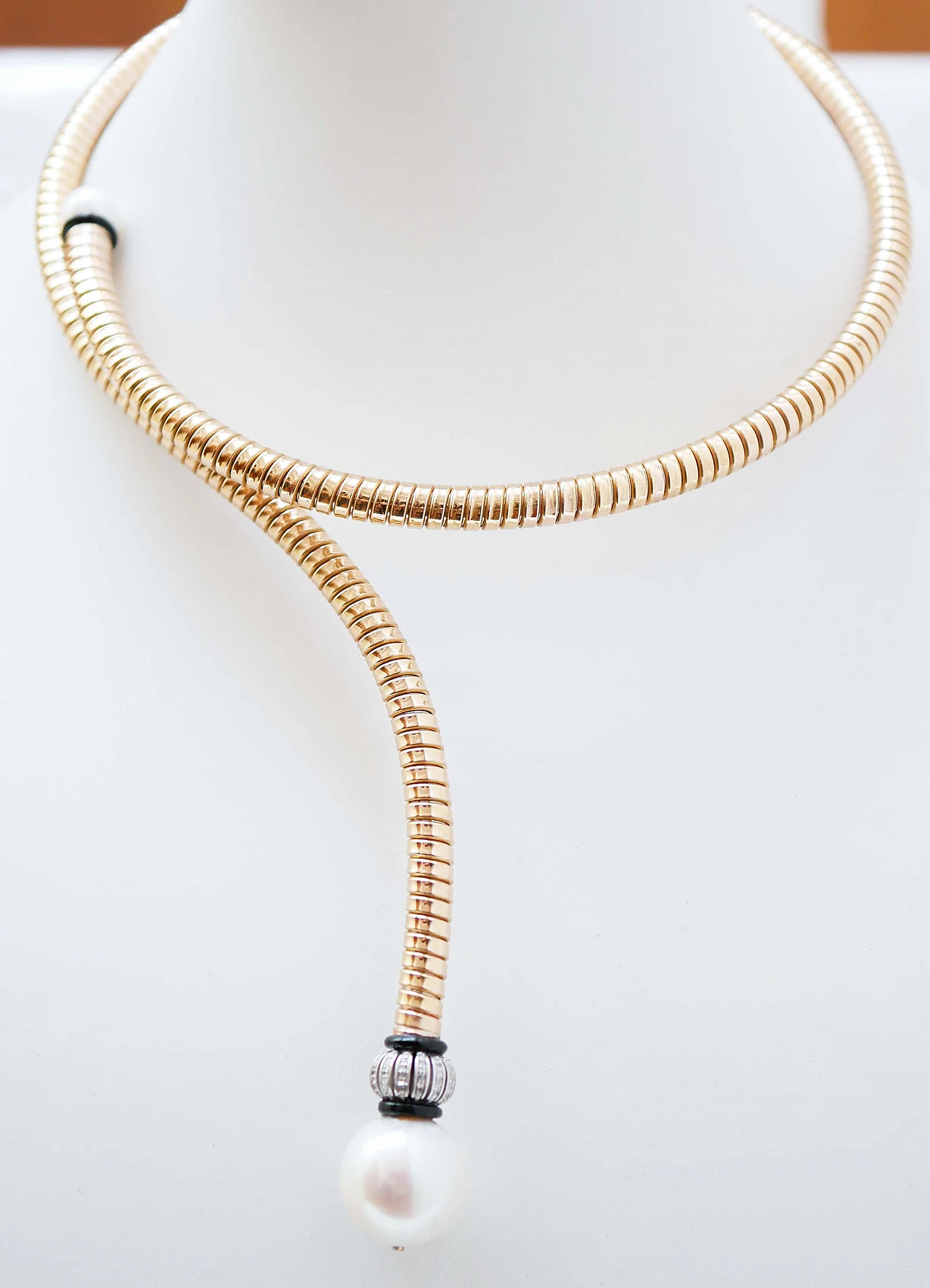 14 Karat rose gold necklace with pearls, diamonds & onyx, 1960s 2
