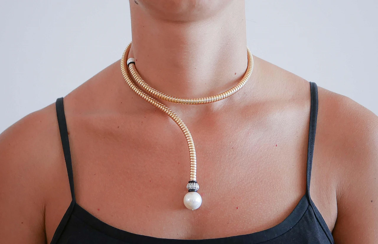14 Karat rose gold necklace with pearls, diamonds & onyx, 1960s 7