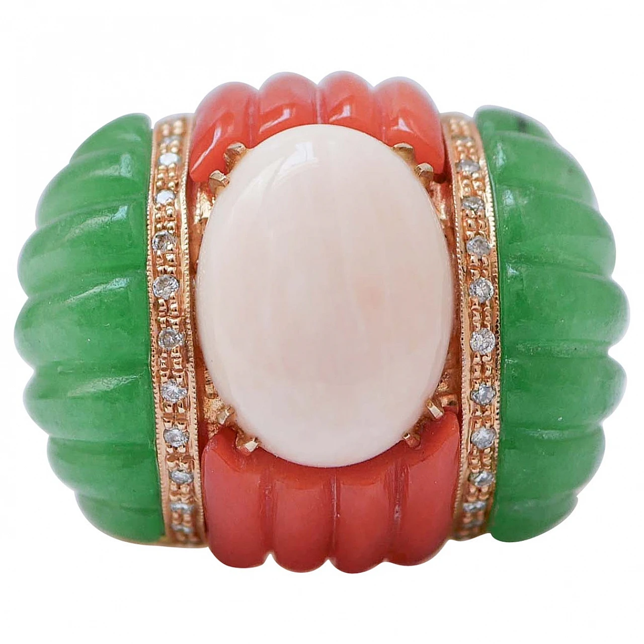 14 Kt rose gold ring with pink & red coral, jade and diamonds, 1960s 1