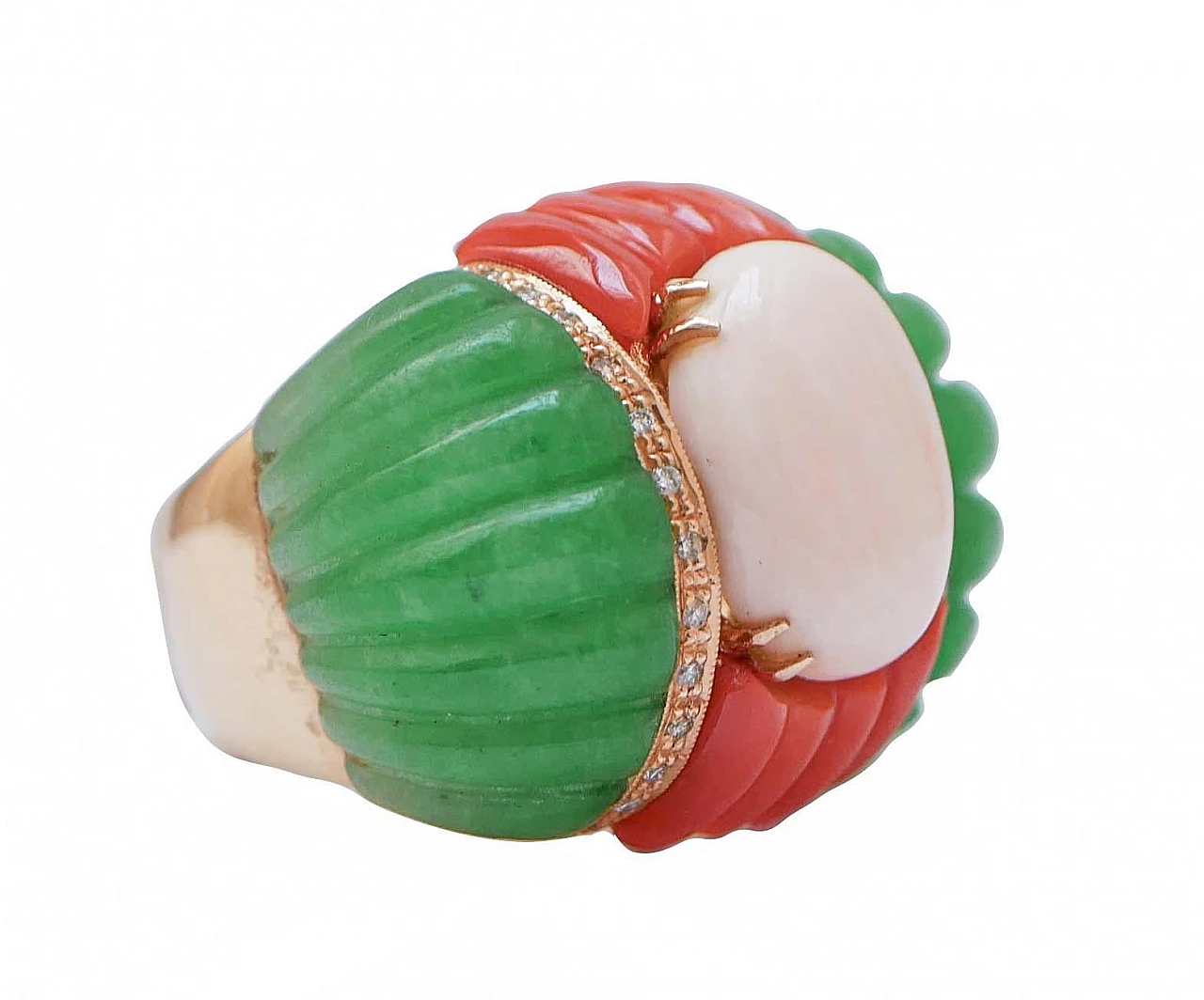 14 Kt rose gold ring with pink & red coral, jade and diamonds, 1960s 2