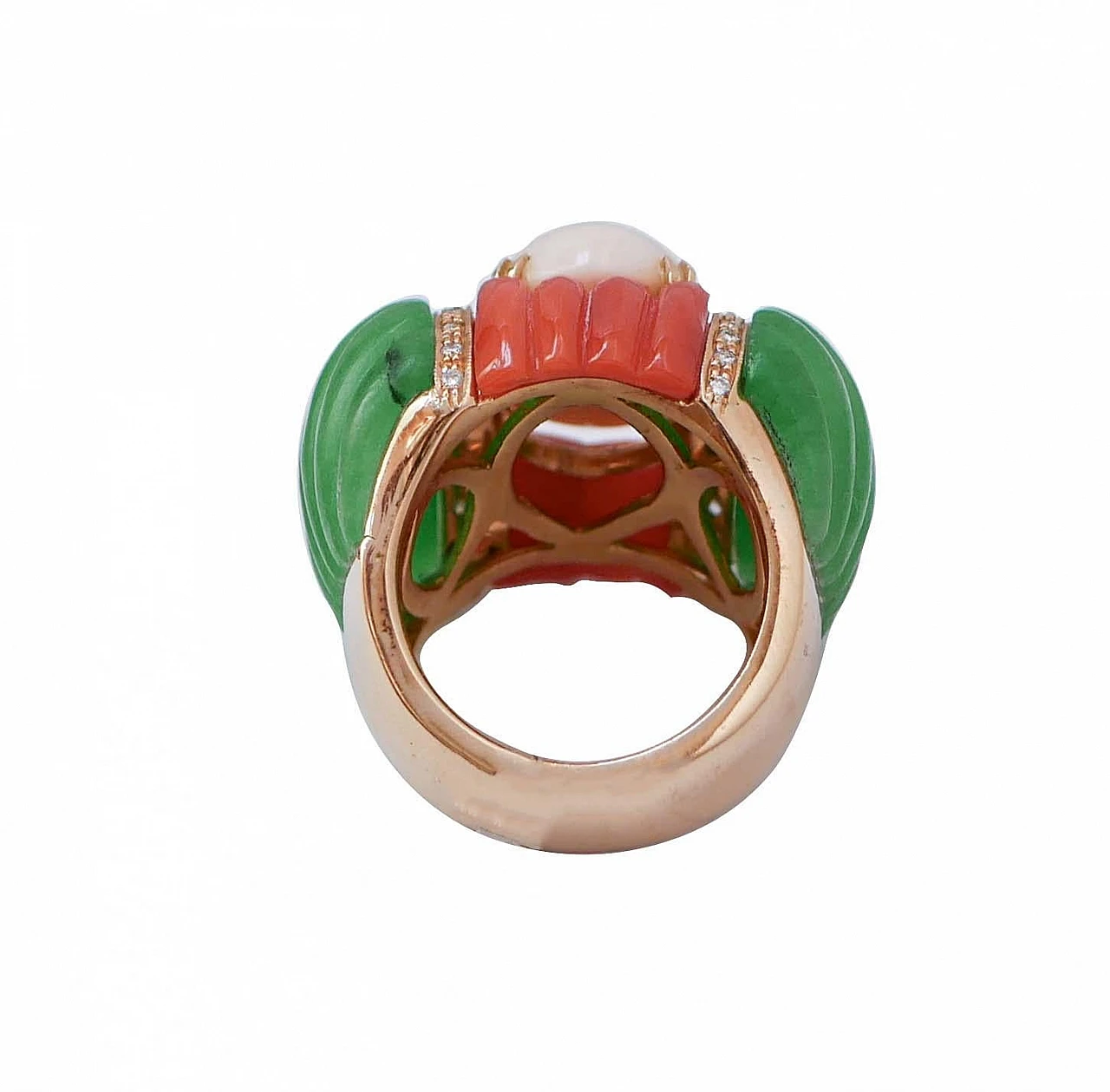 14 Kt rose gold ring with pink & red coral, jade and diamonds, 1960s 3