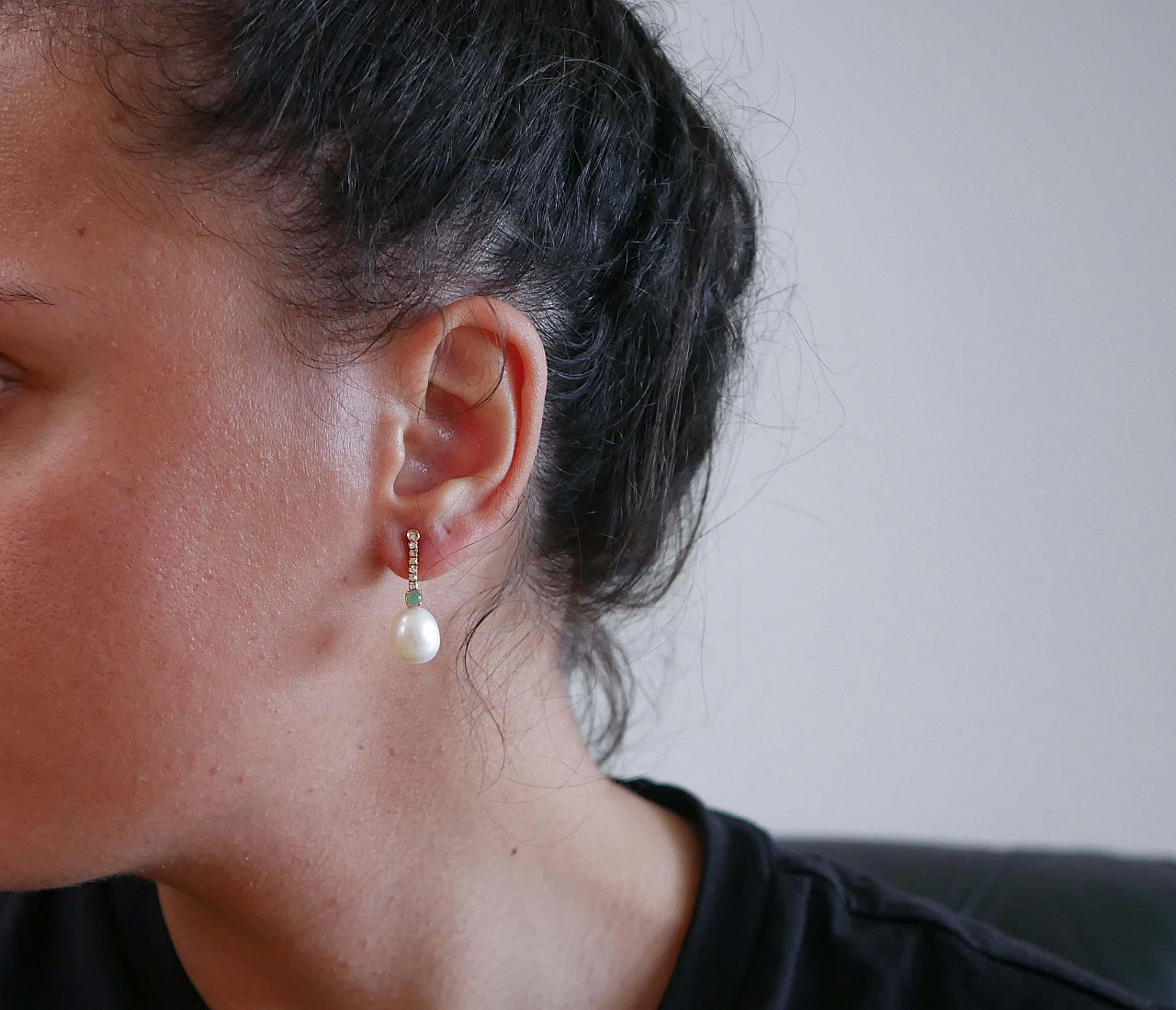 Perle bianche, smeraldi, diamanti, orecchini da tennis in oro rosa 14 carati 4