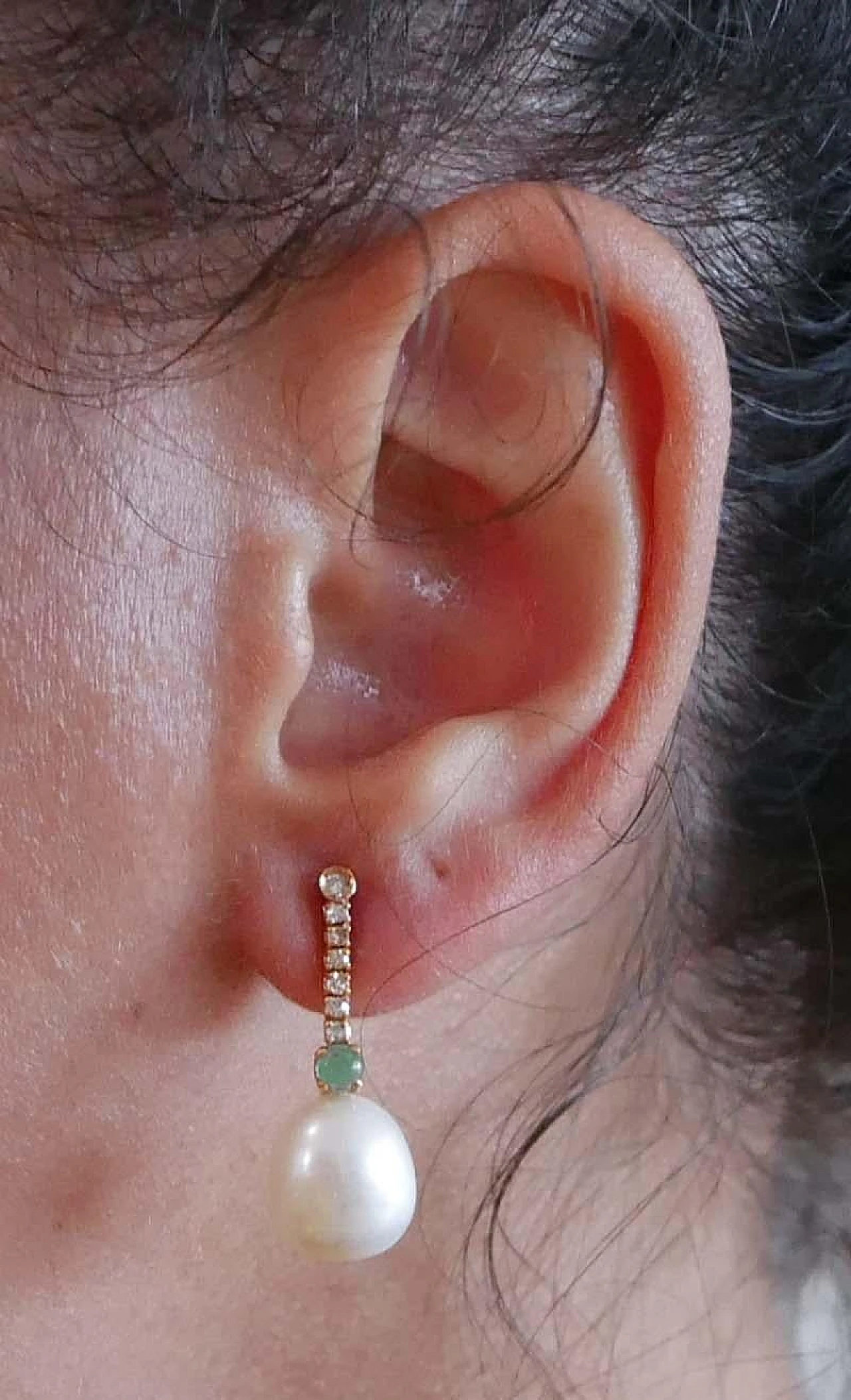 Perle bianche, smeraldi, diamanti, orecchini da tennis in oro rosa 14 carati 5