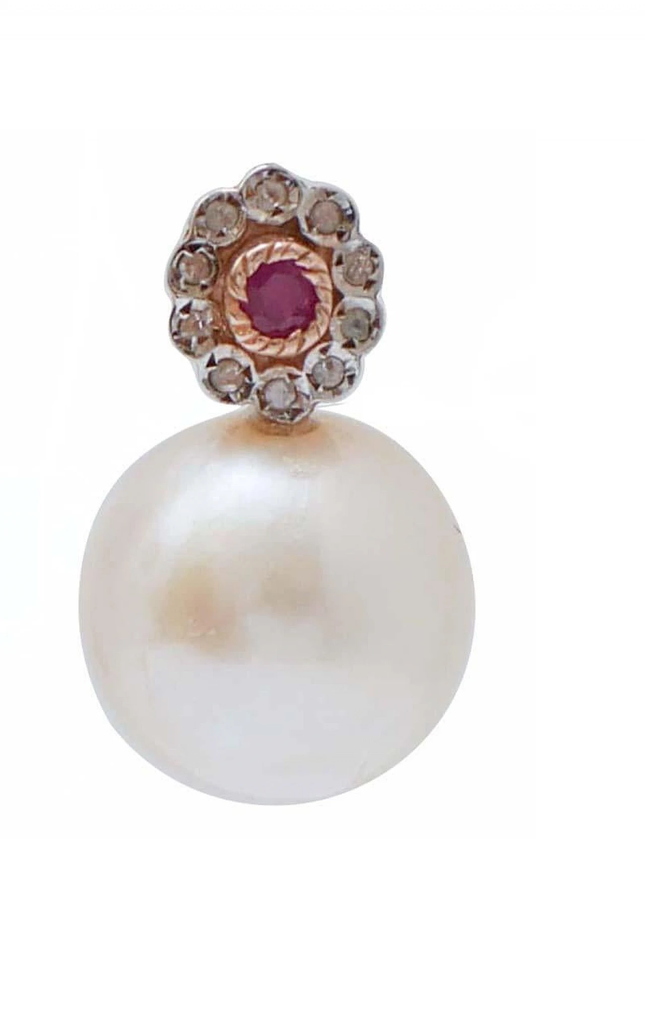 Perle bianche, rubini e diamanti, Orecchini in oro rosa e argento. 2