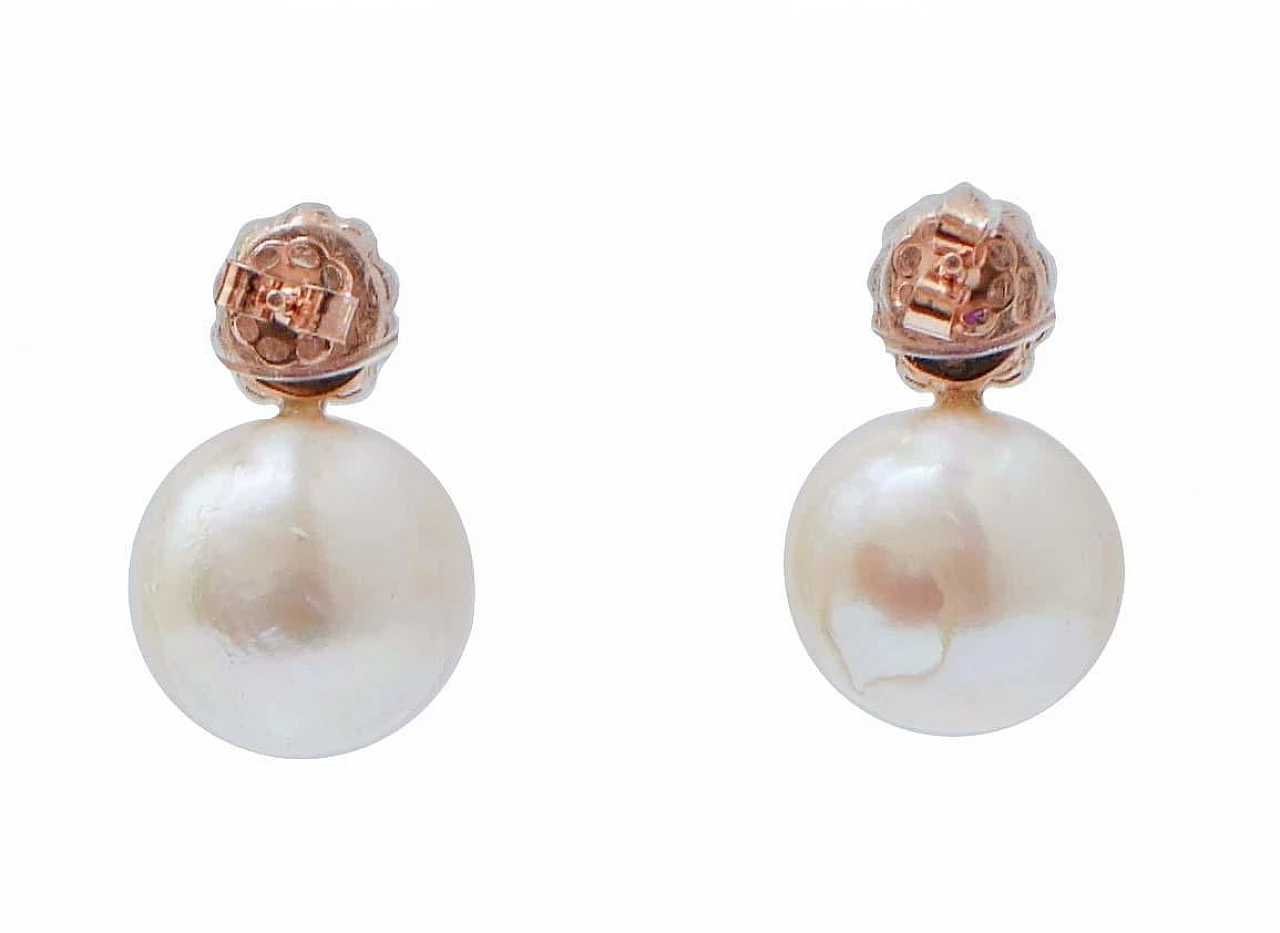 Perle bianche, rubini e diamanti, Orecchini in oro rosa e argento. 3