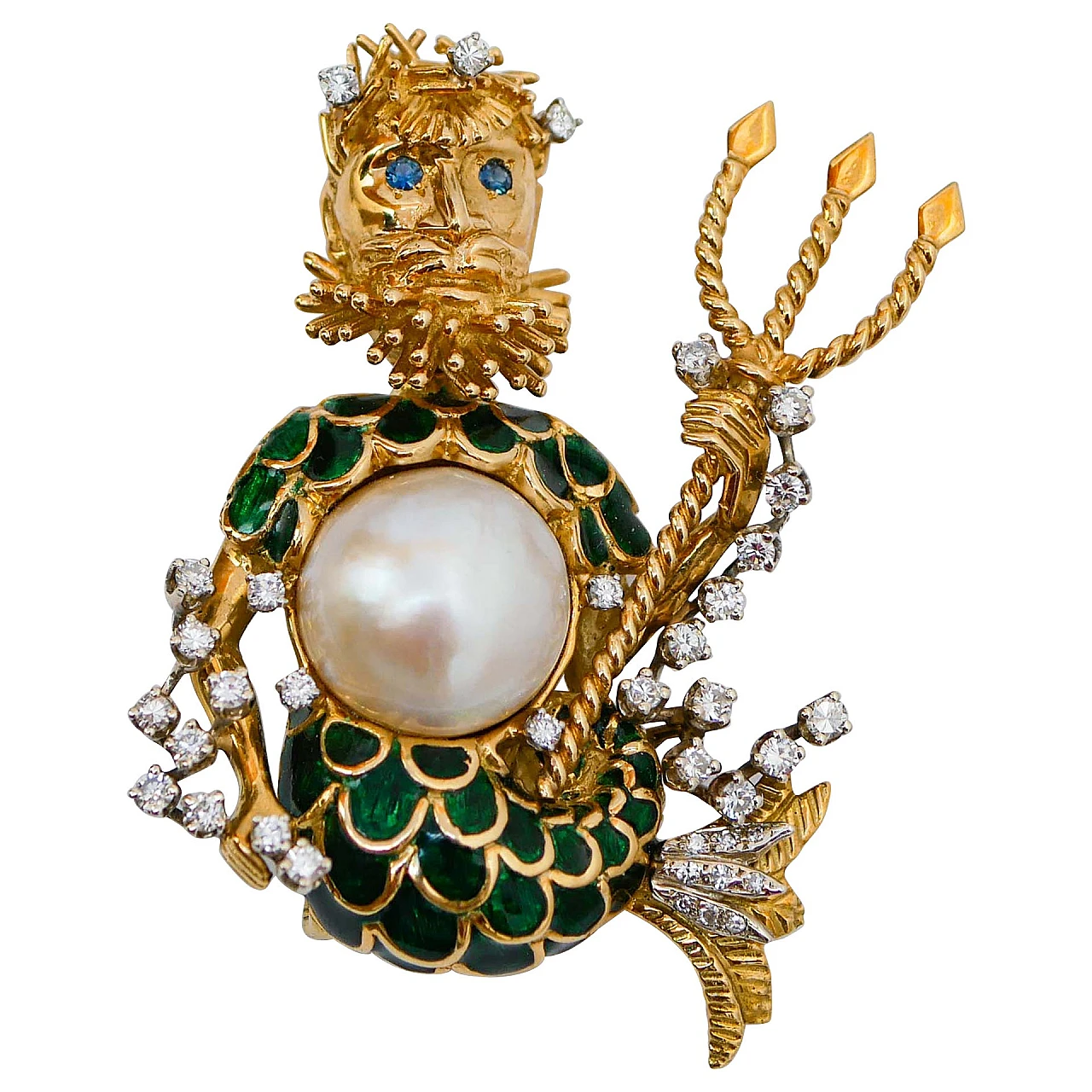Spilla in oro giallo 18 kt con perla, zaffiri, diamanti e smalto 1