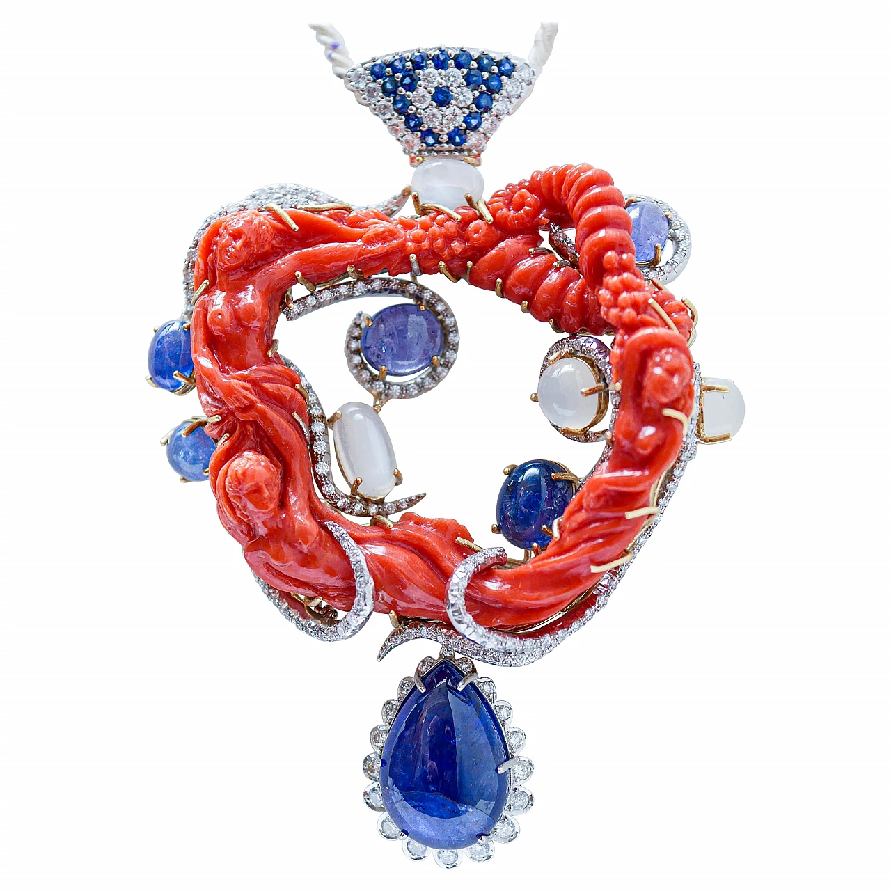 Pendant in 18-carat gold and diamonds, sapphires, tanzanite and coral 1