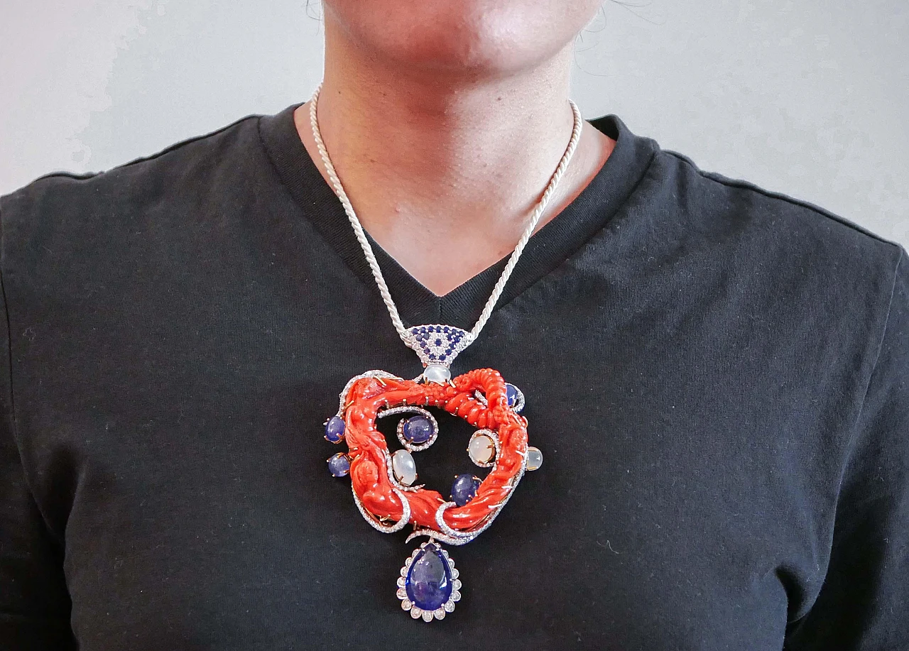 Pendant in 18-carat gold and diamonds, sapphires, tanzanite and coral 5