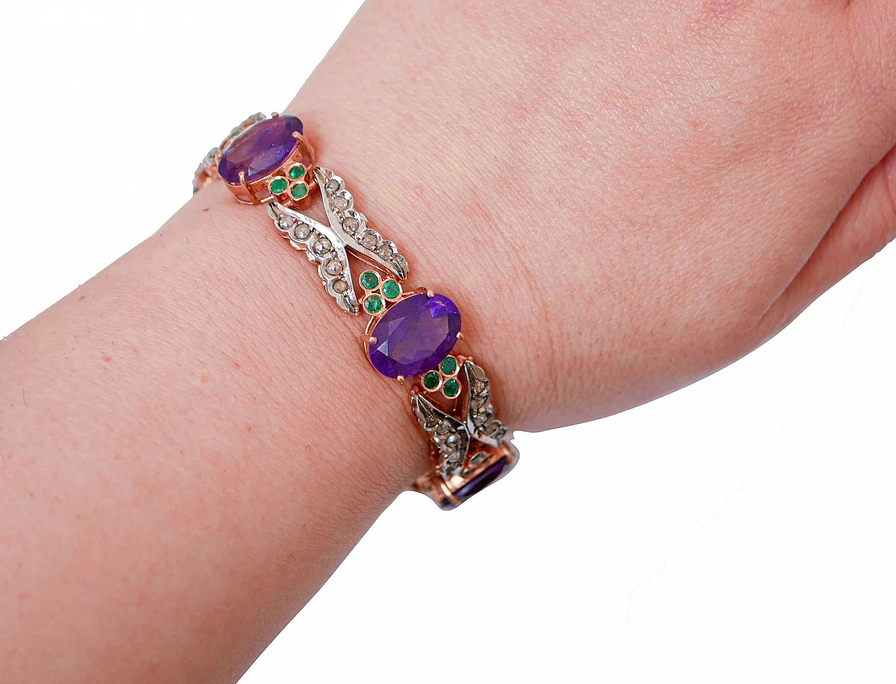 Bracciale oro rosa e argento, ametiste, smeraldi, diamanti, anni '70 5