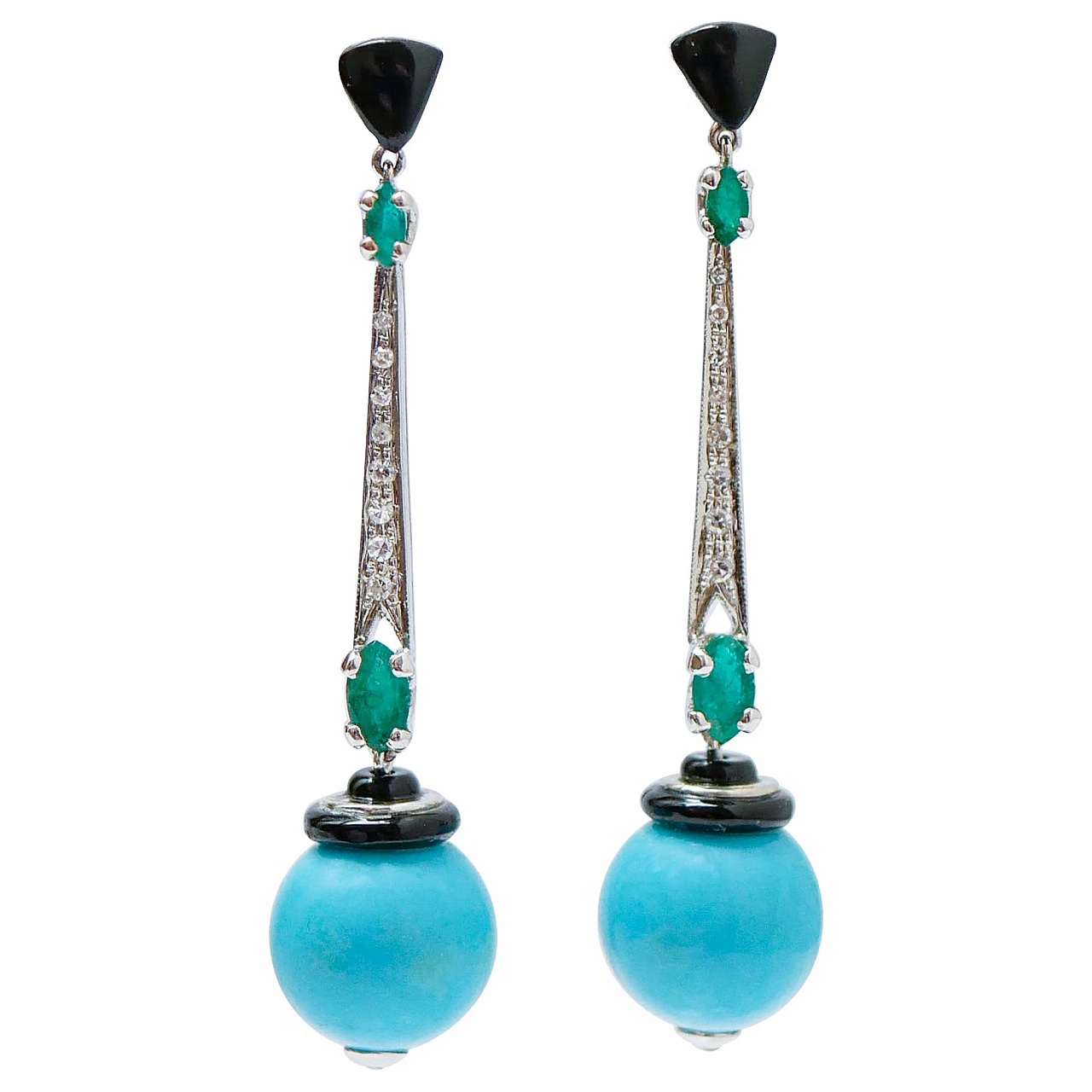 Orecchini platino con magnesite, onice, smeraldi e diamanti, anni '60 1