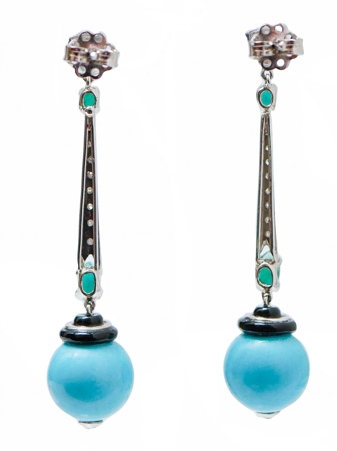 Orecchini platino con magnesite, onice, smeraldi e diamanti, anni '60 3