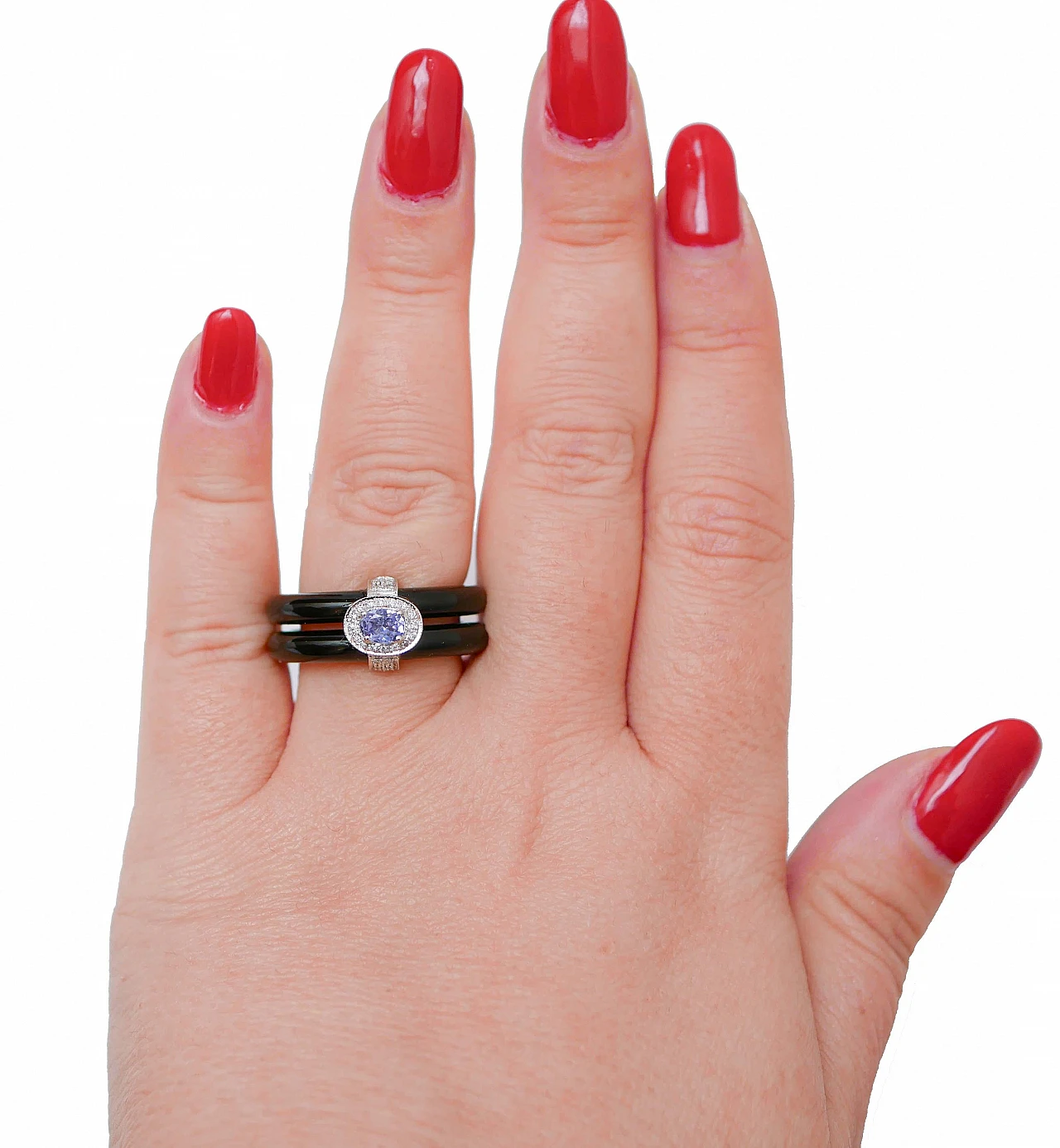 Anello in platino con tanzanite, onice e diamanti, anni '60 4