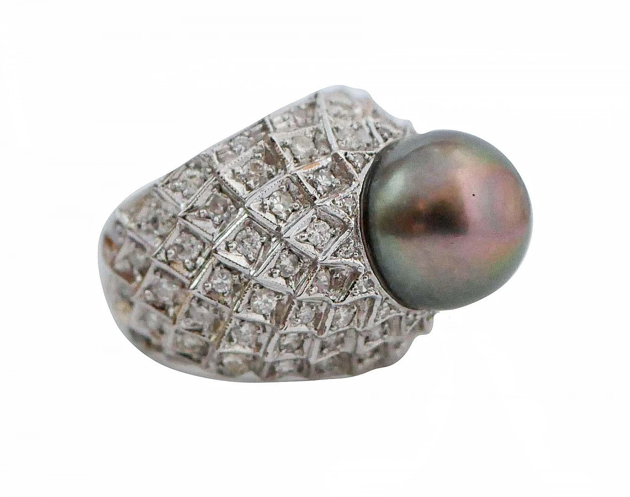 Anello in oro bianco 14 carati con perla grigia e diamanti, anni '60 2