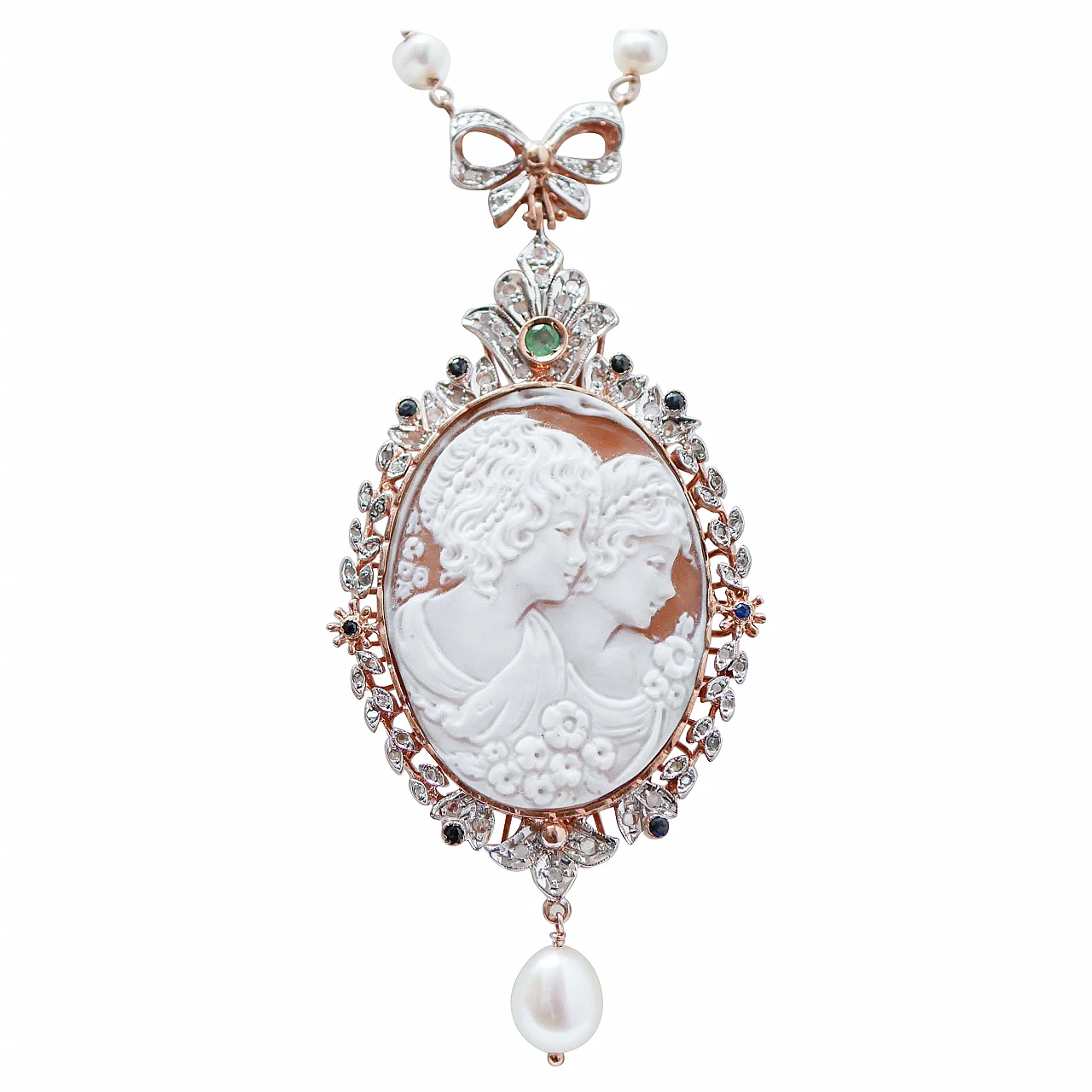 Gold and silver necklace with cameo, emerald, sapphires, diamonds 1