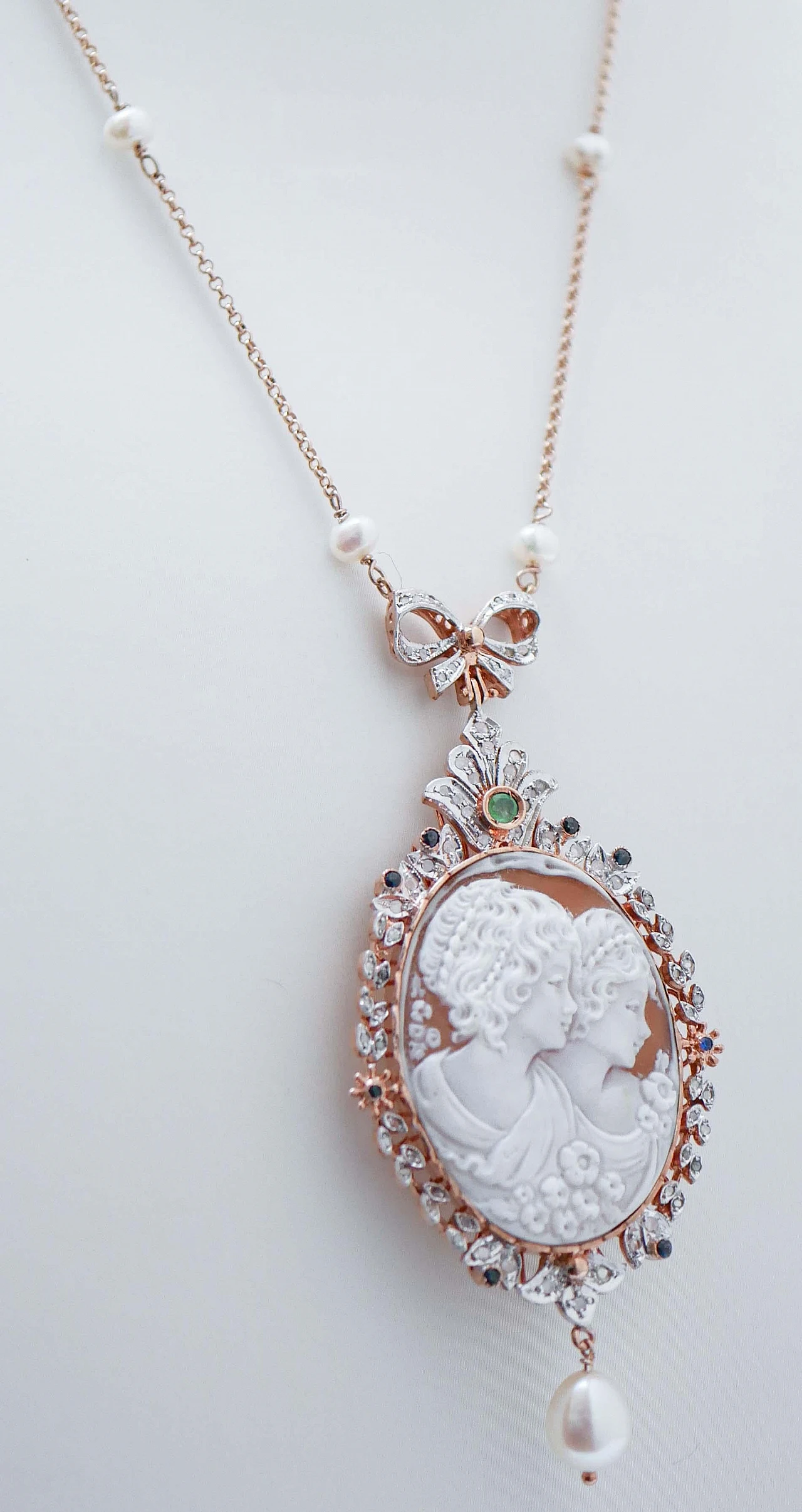 Gold and silver necklace with cameo, emerald, sapphires, diamonds 3