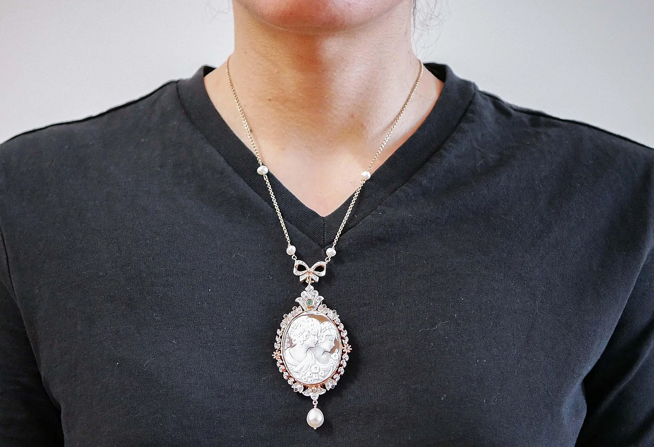 Gold and silver necklace with cameo, emerald, sapphires, diamonds 4