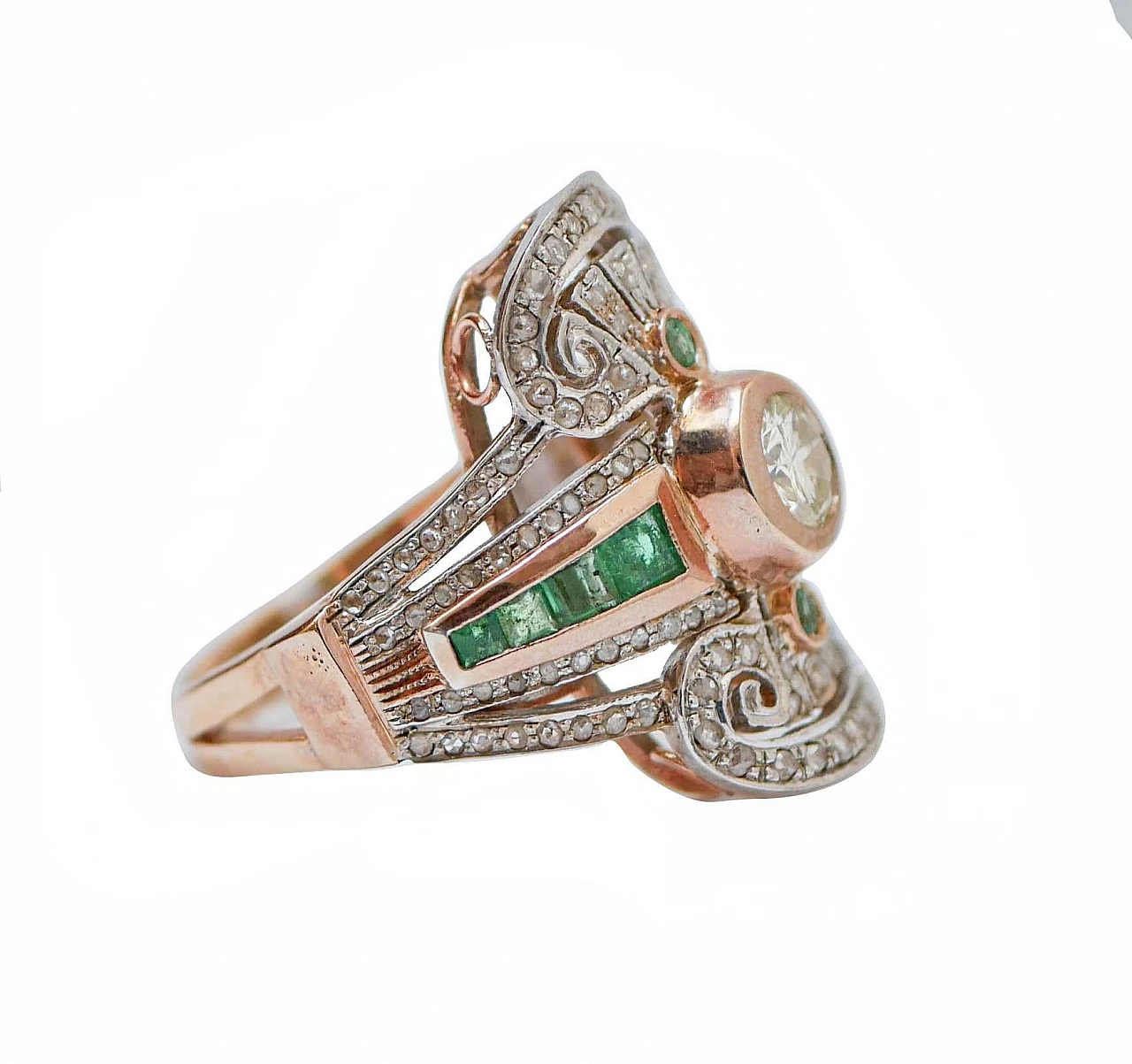 Anello in oro rosa 14 ct e argento con smeraldi e diamanti, anni '70 2