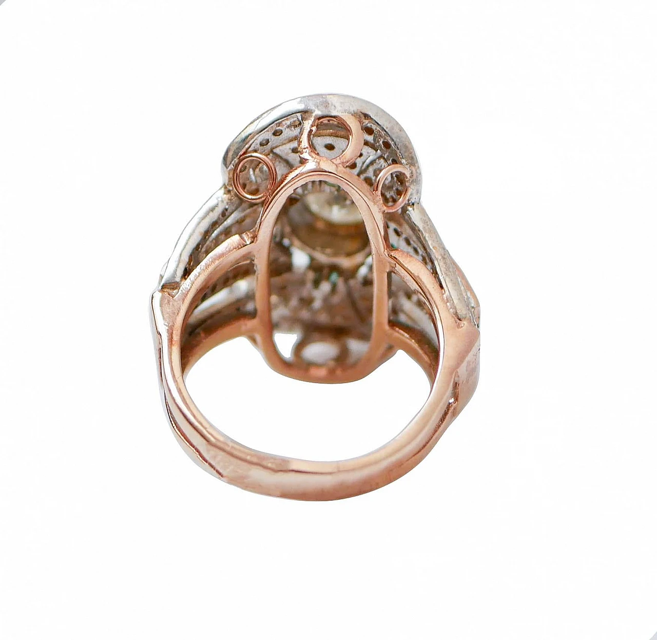 Anello in oro rosa 14 ct e argento con smeraldi e diamanti, anni '70 3