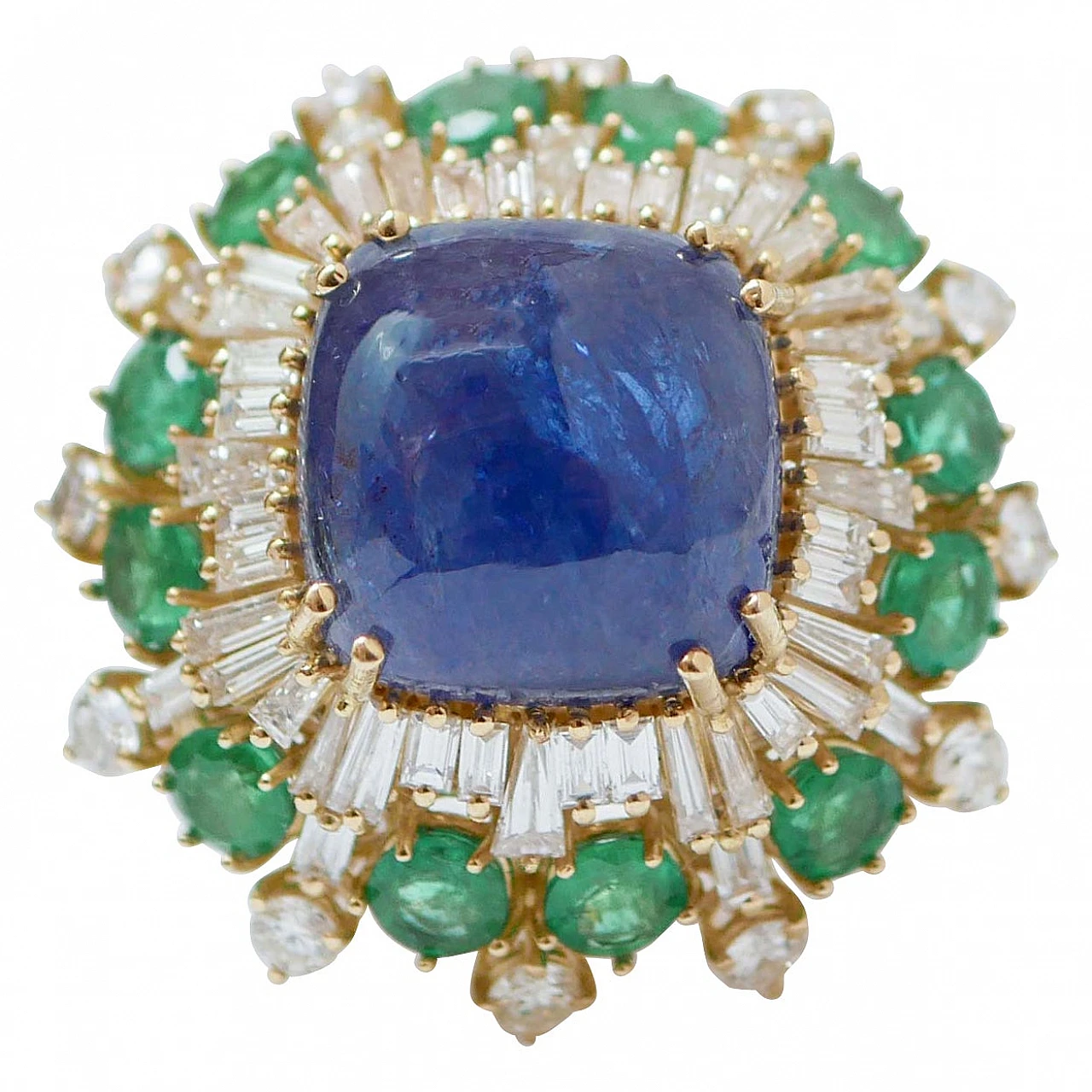 18 Karat yellow gold ring with tanzanite, emeralds and diamonds 1