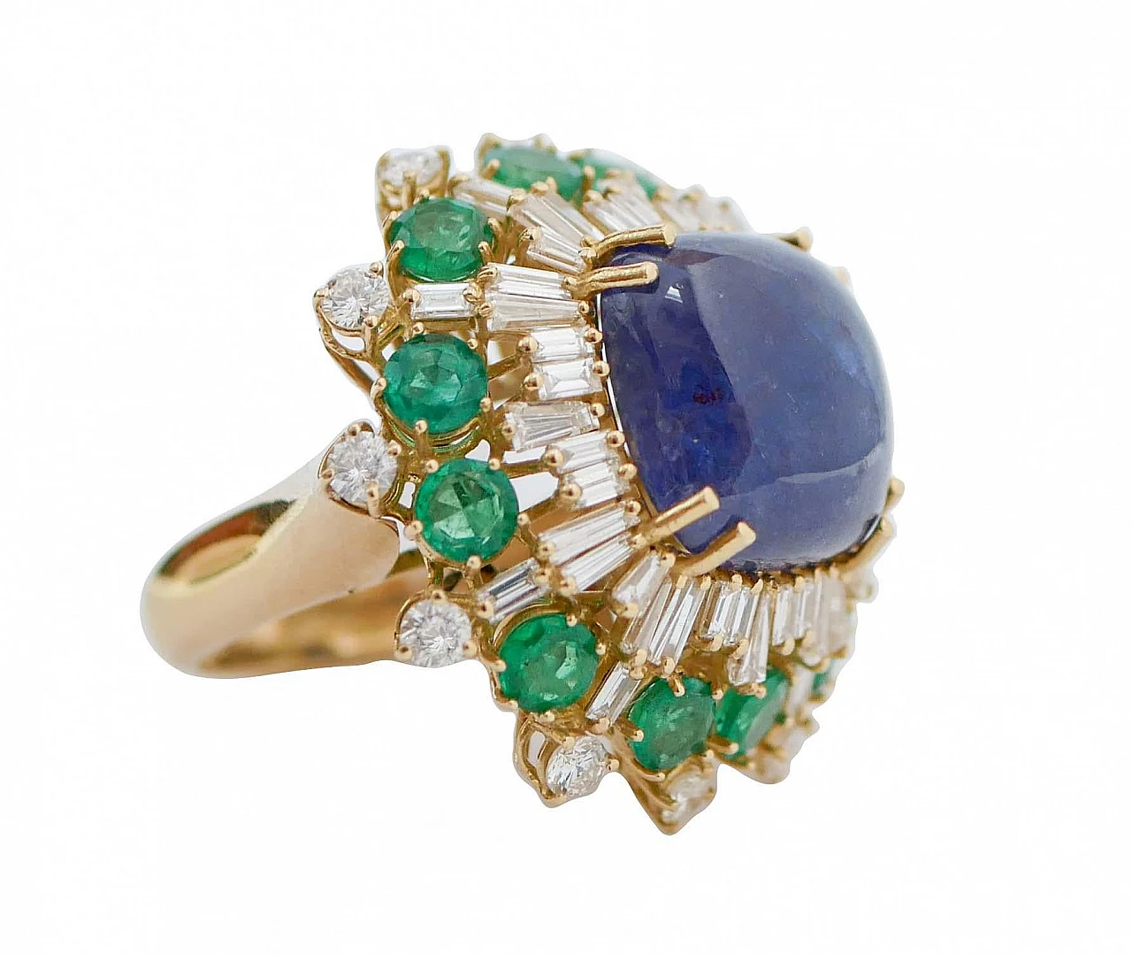 18 Karat yellow gold ring with tanzanite, emeralds and diamonds 2