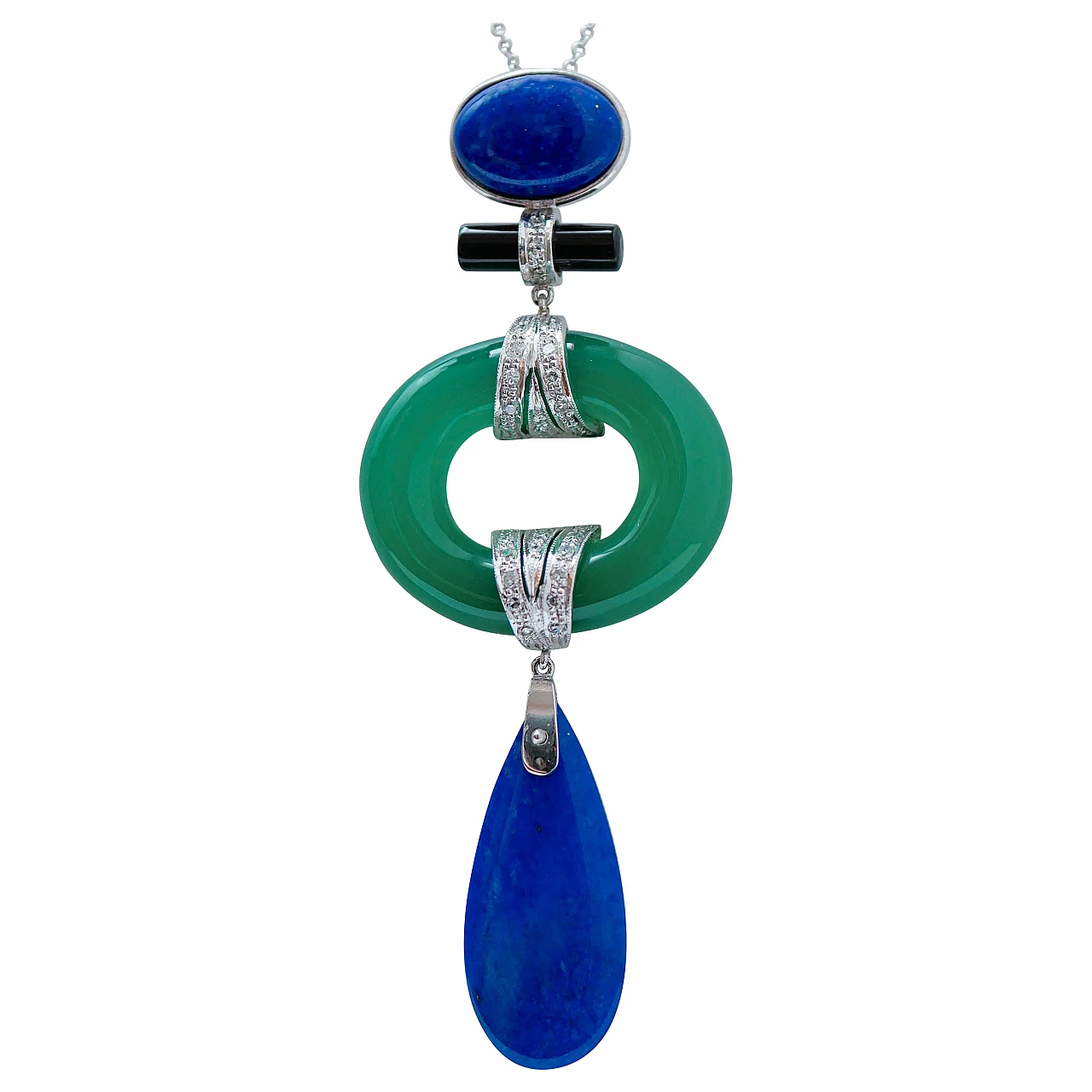 Collana con ciondolo in agata verde, lapis, onice, diamanti e platino 1