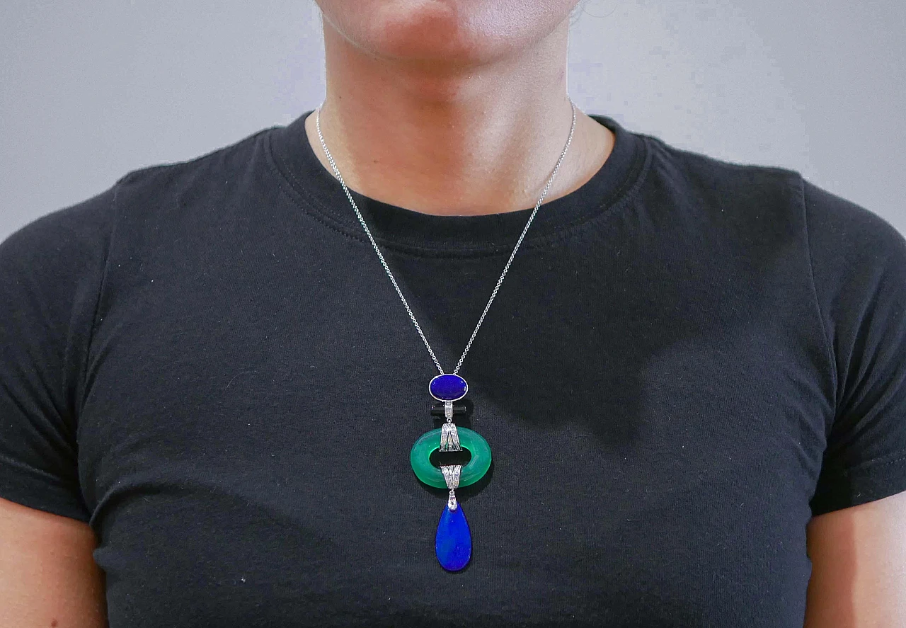 Collana con ciondolo in agata verde, lapis, onice, diamanti e platino 5