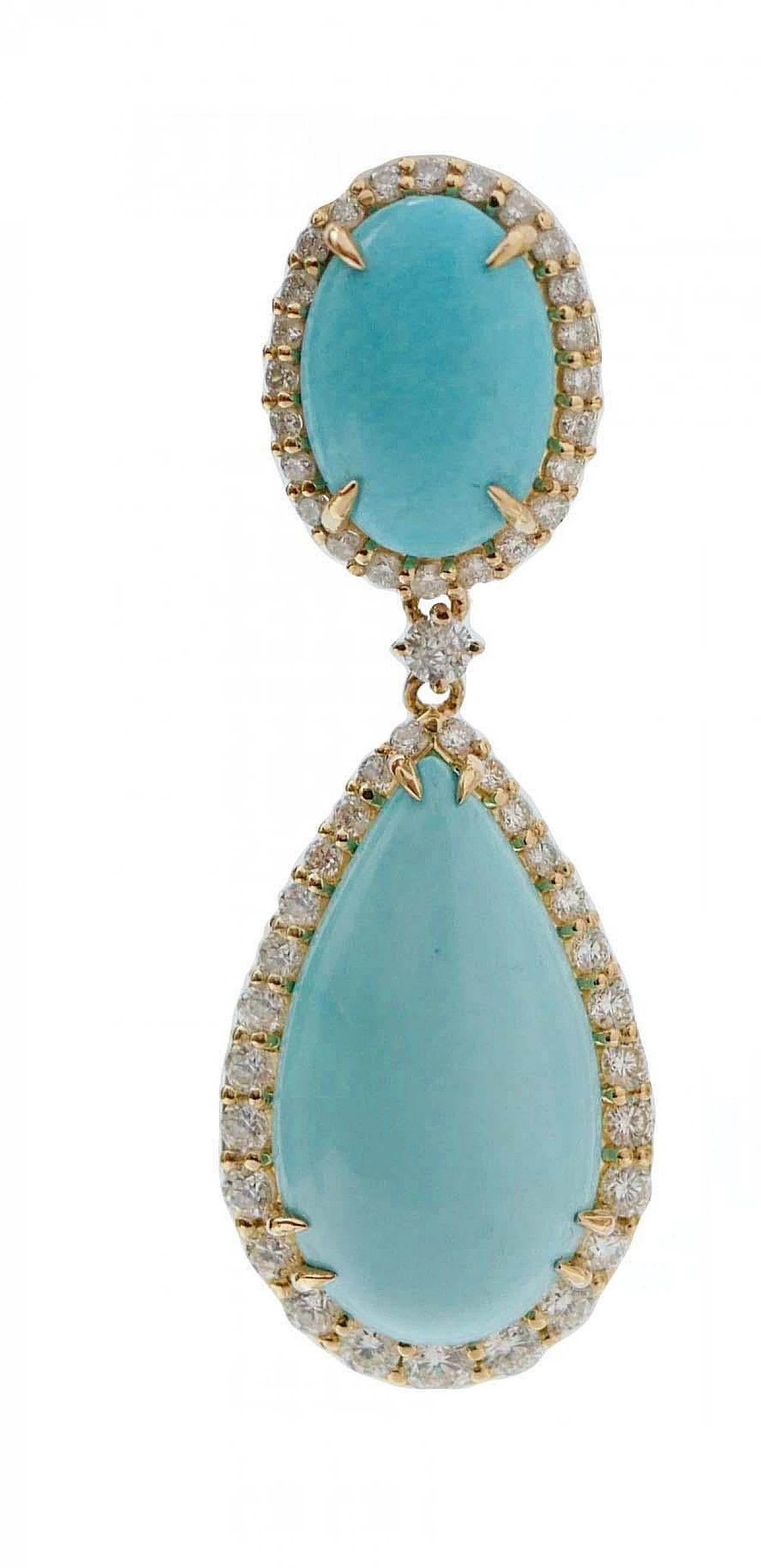 Orecchini in oro giallo 18 carati con turchese e diamanti, anni '70 2