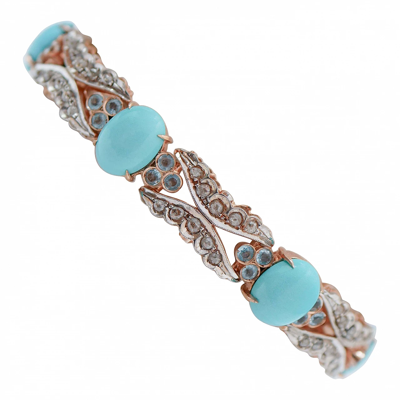Rose gold and silver bracelet with turquoise, aquamarine & diamonds 1