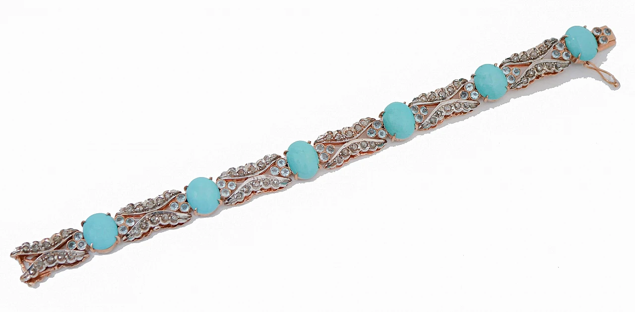 Rose gold and silver bracelet with turquoise, aquamarine & diamonds 2