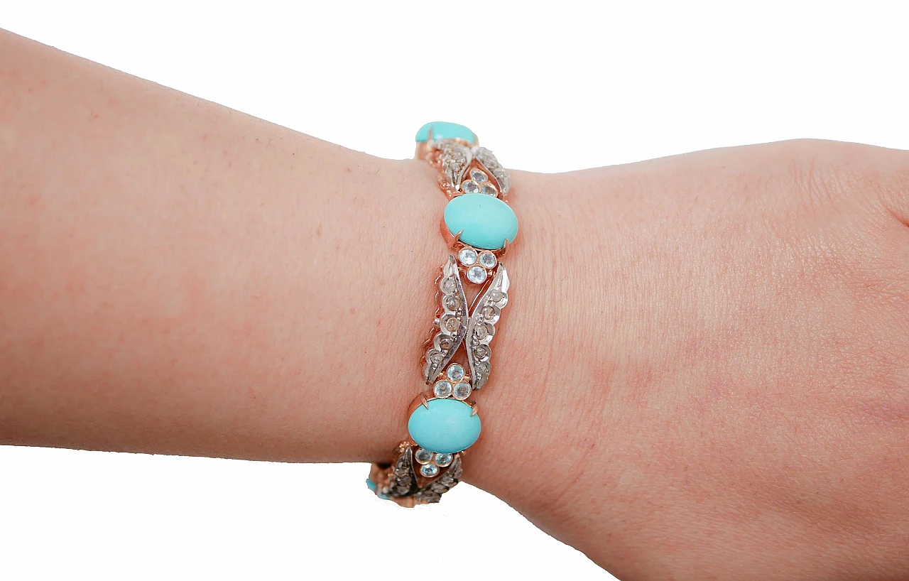 Rose gold and silver bracelet with turquoise, aquamarine & diamonds 4