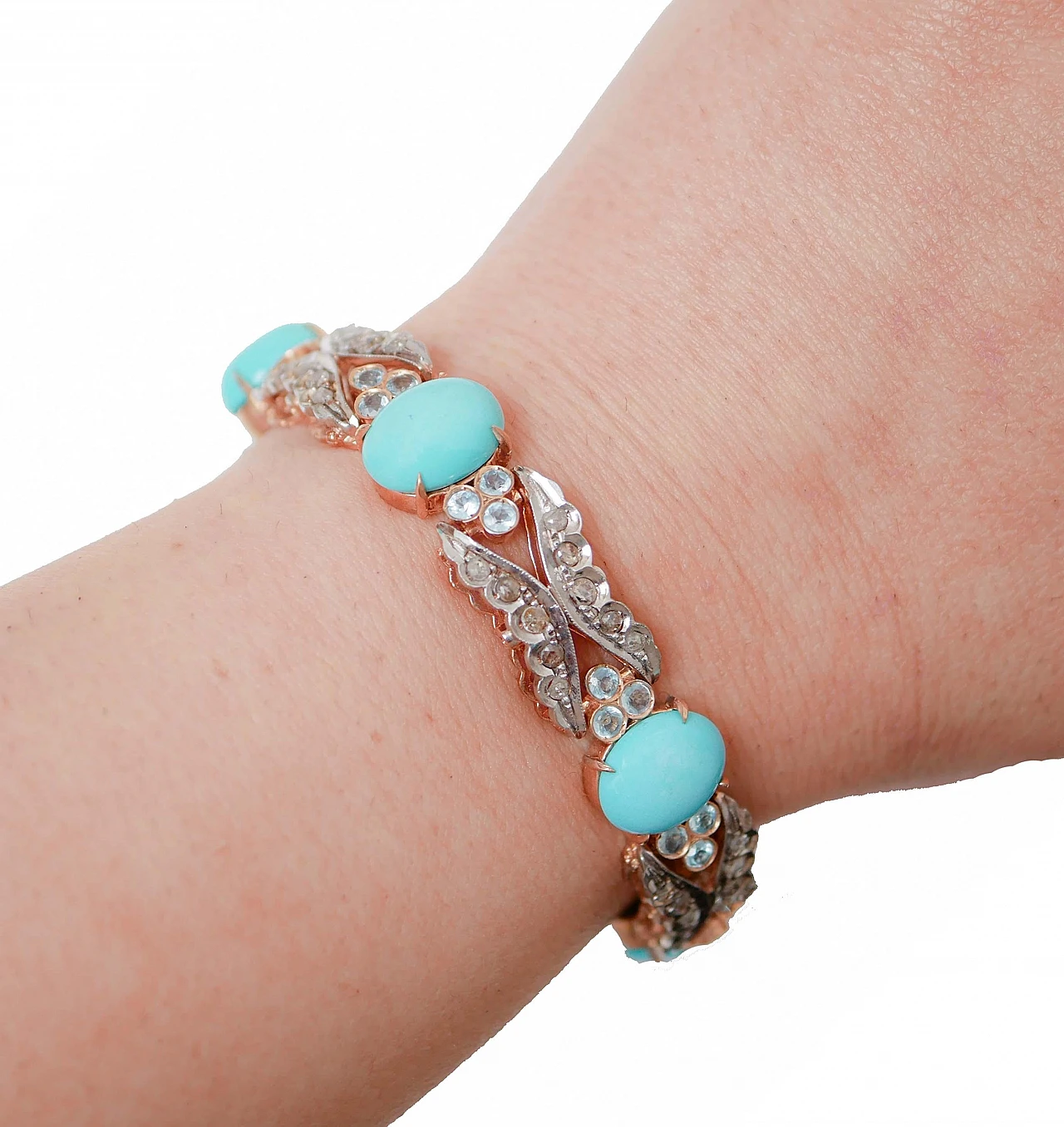 Rose gold and silver bracelet with turquoise, aquamarine & diamonds 5