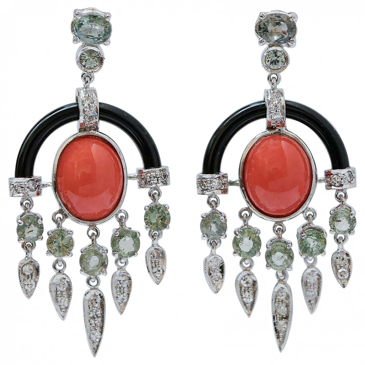 Pair of platinum and 14 karat white gold earrings with coral & onyx 1