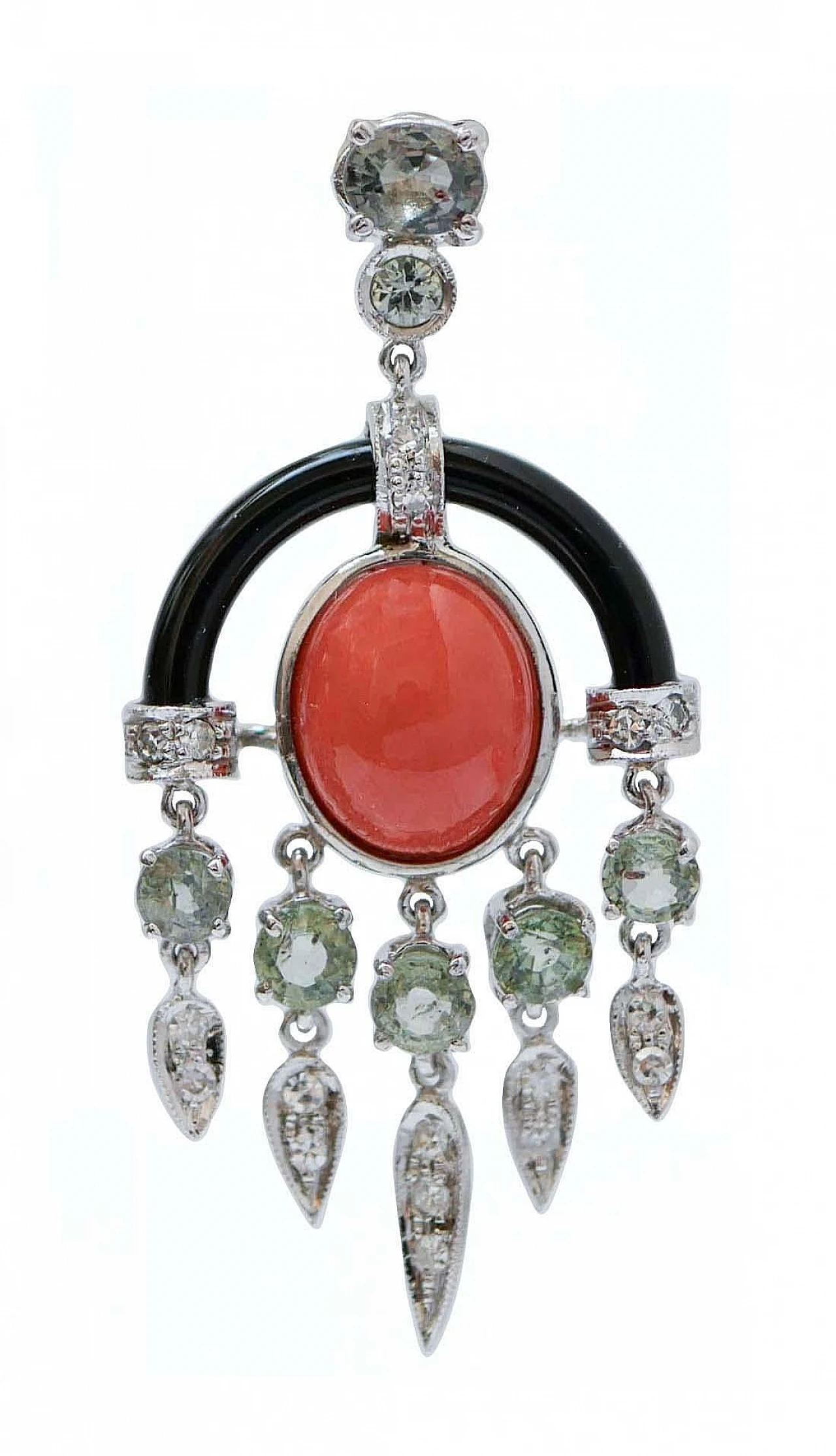 Pair of platinum and 14 karat white gold earrings with coral & onyx 2